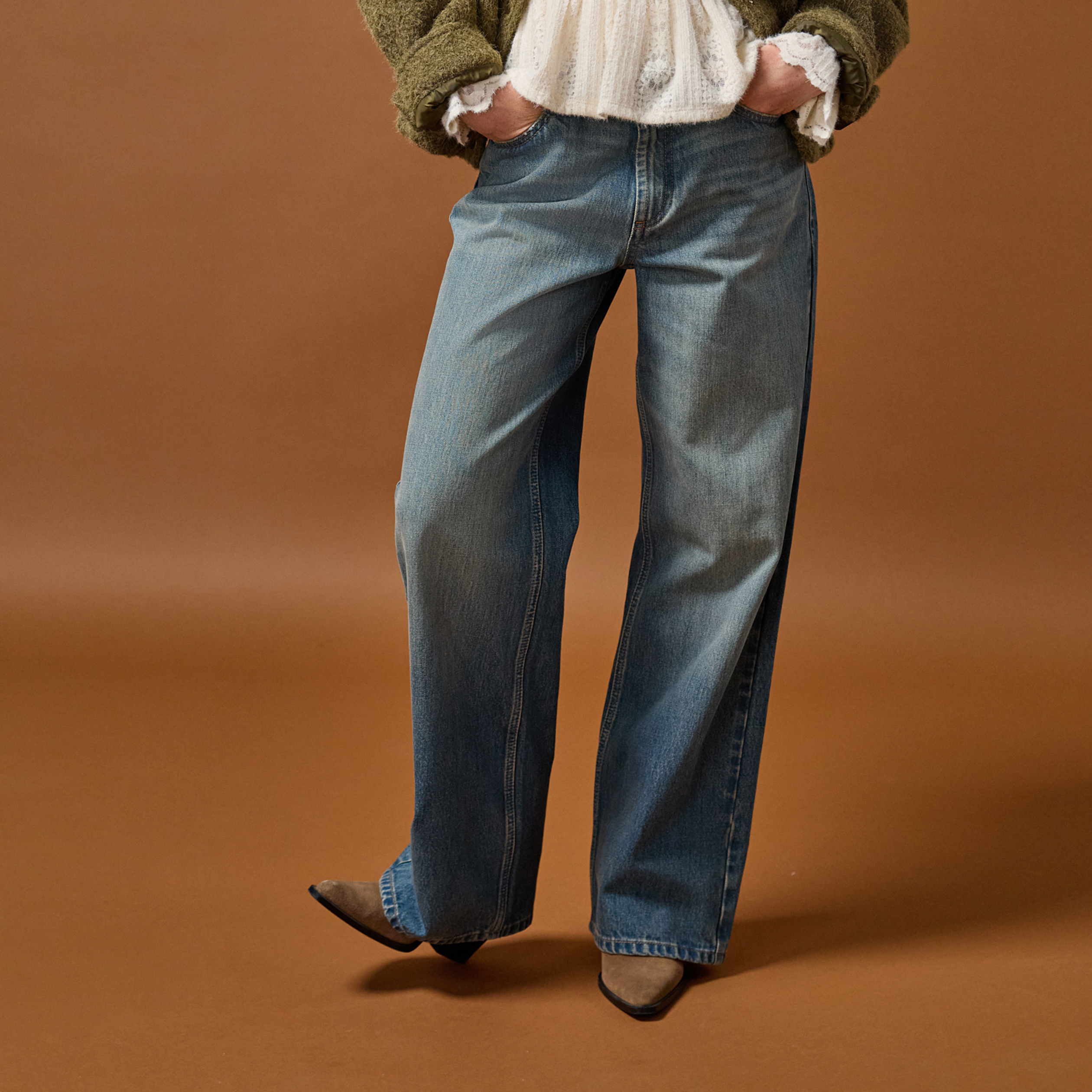 Jean wide leg ceinture amovible denim dirty femme