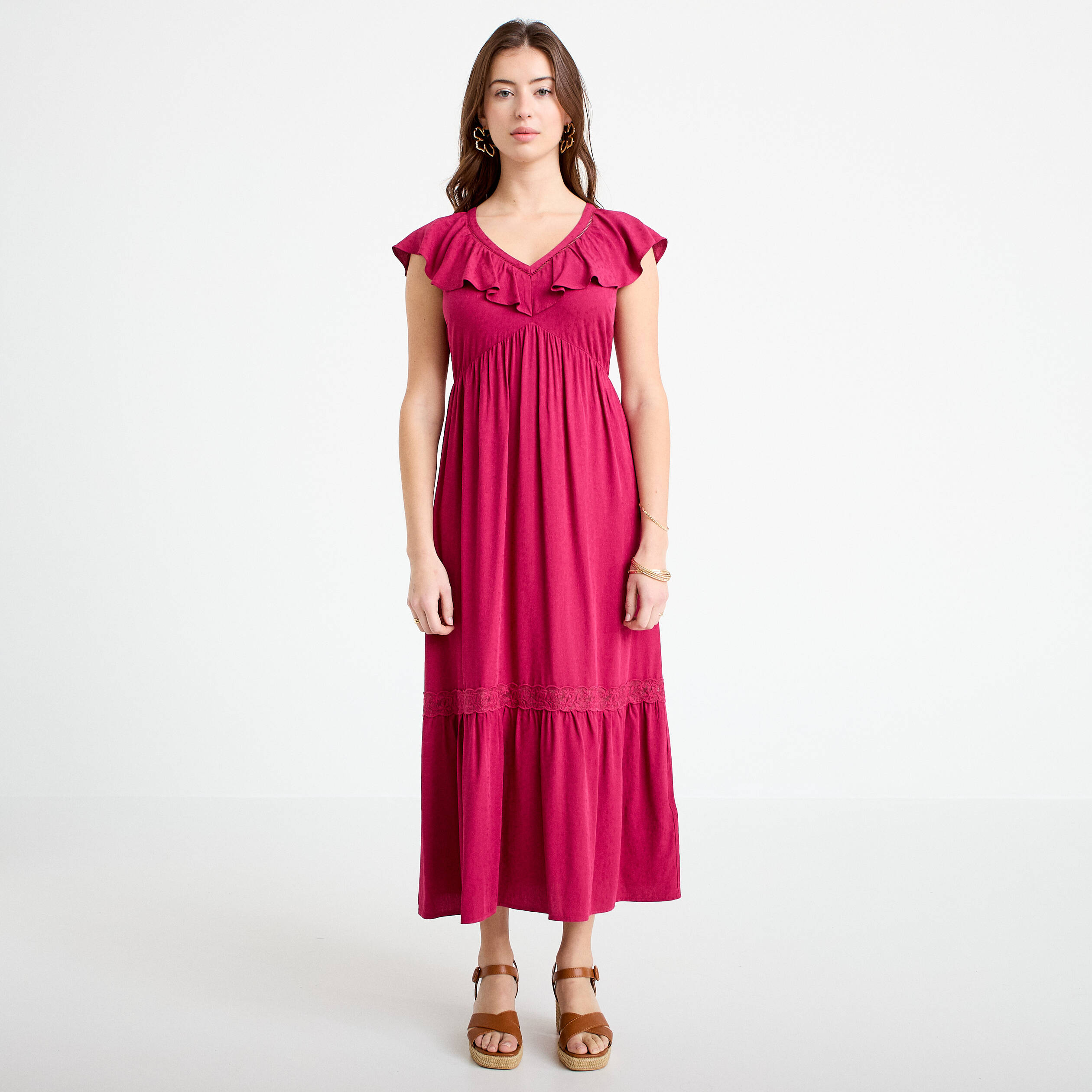 Robe longue &eacute;vas&eacute;e col v manches courtes rouge femme
