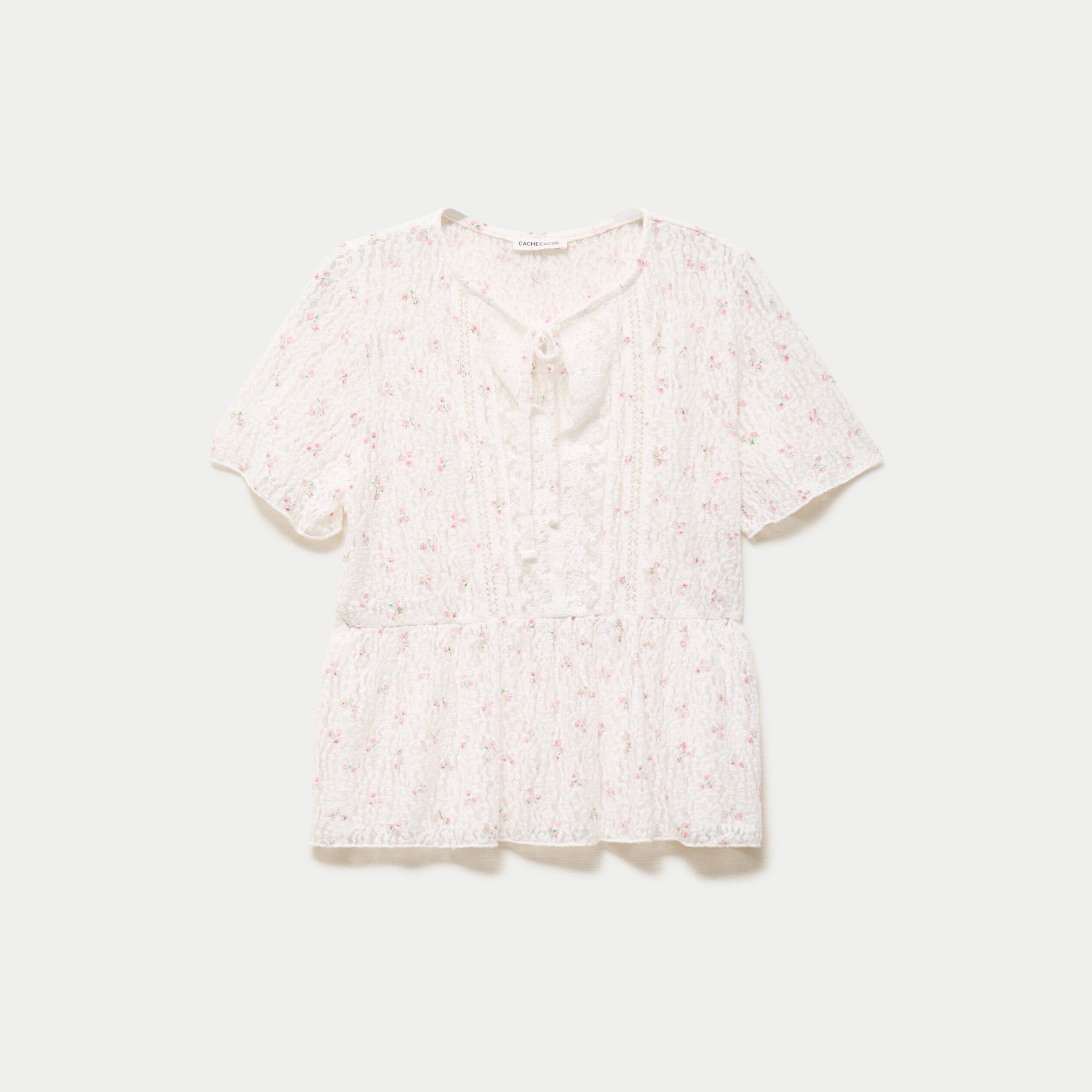 Blouse dentelle col rond manches courtes blanc femme
