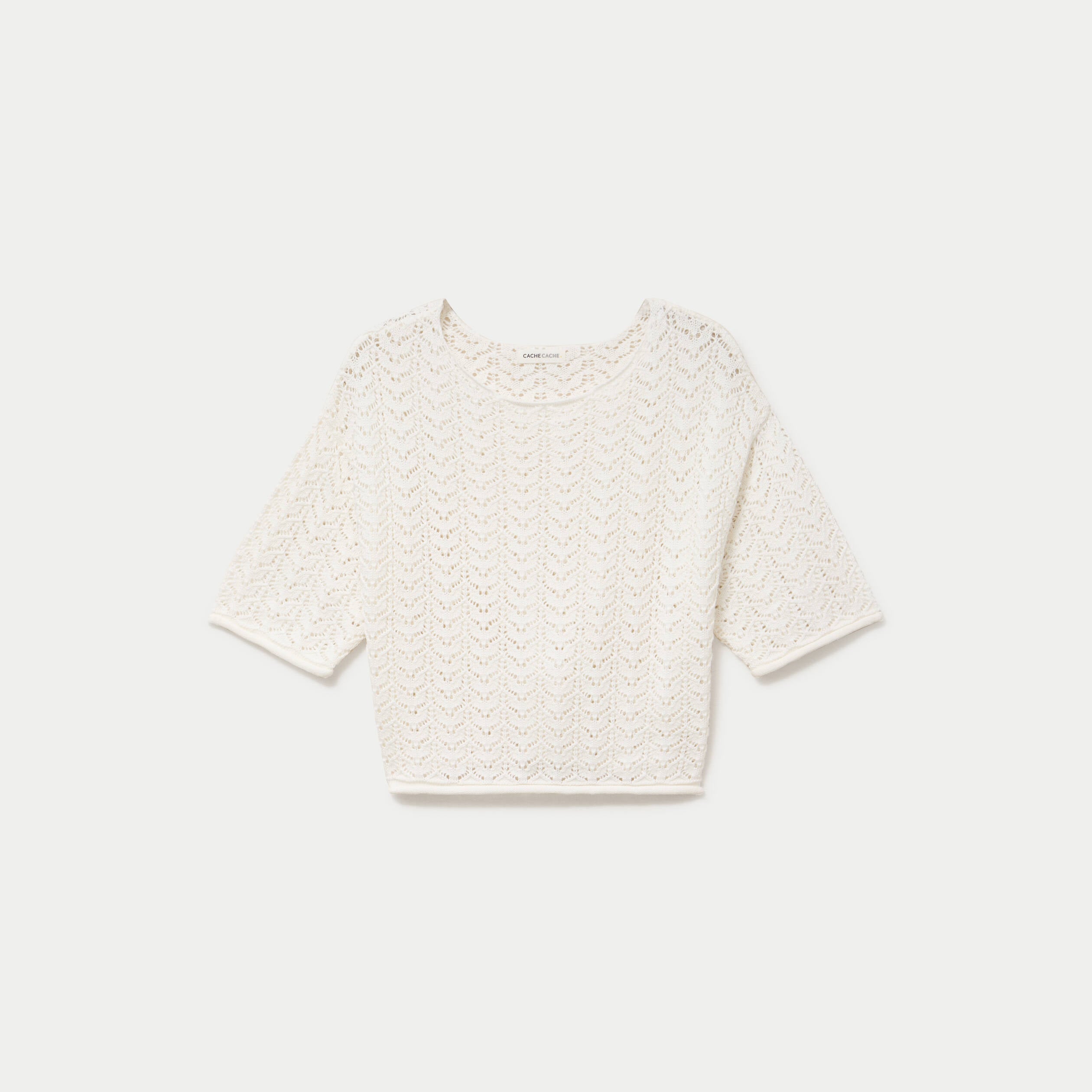 Pull ajour&eacute; aspect dentelle col rond ecru femme