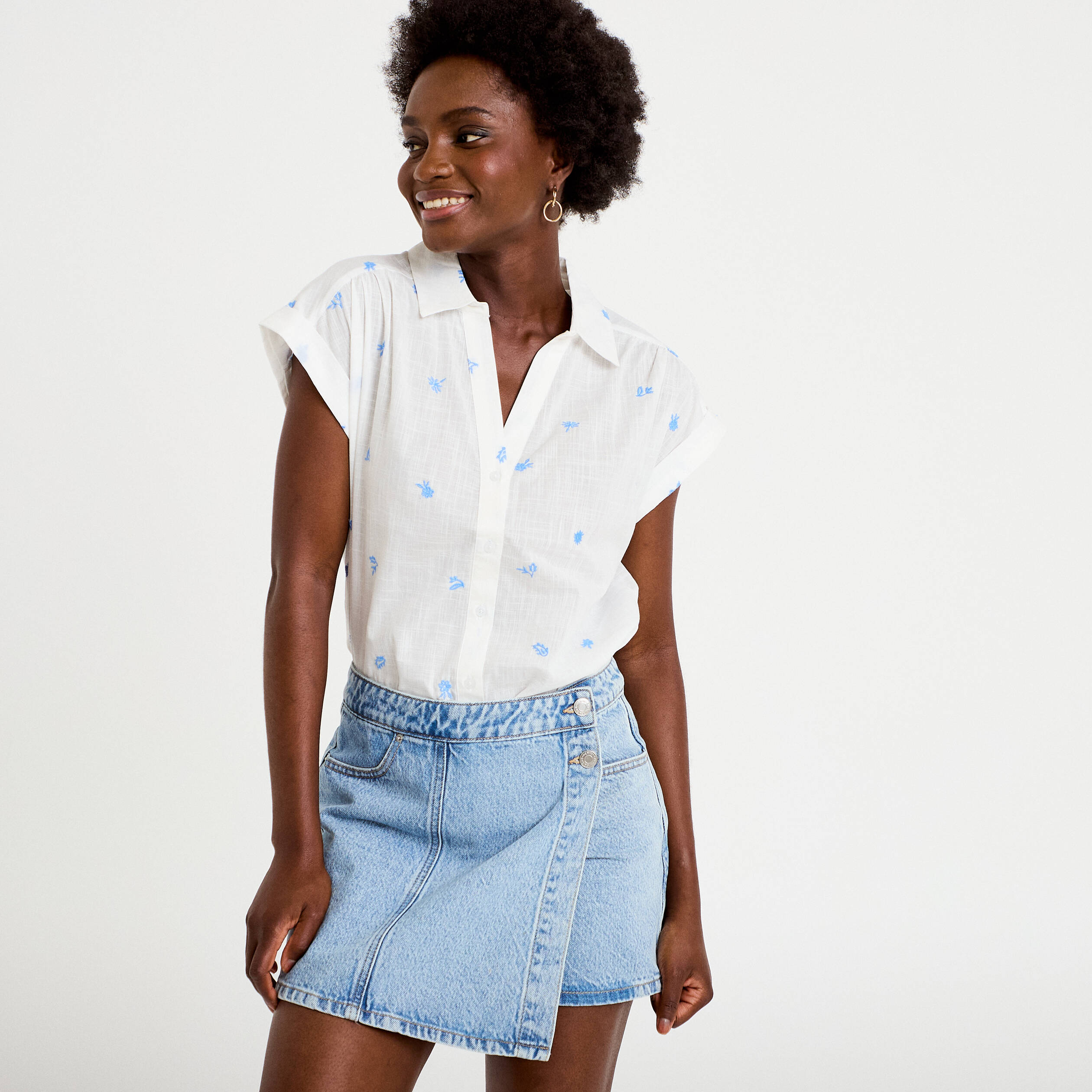 Jupe-short trap&egrave;ze en jean denim triple stone femme