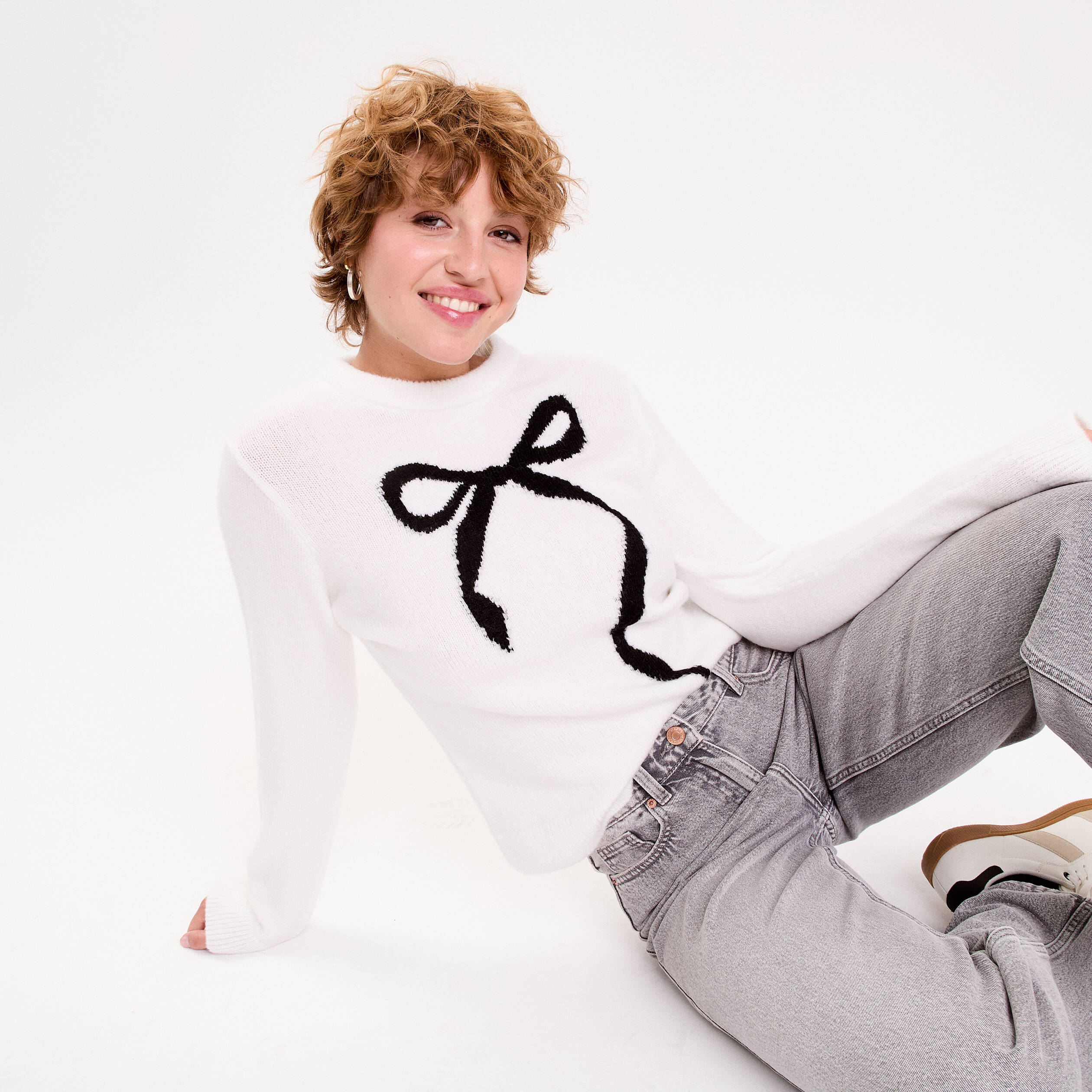Pull motif noeud ecru femme