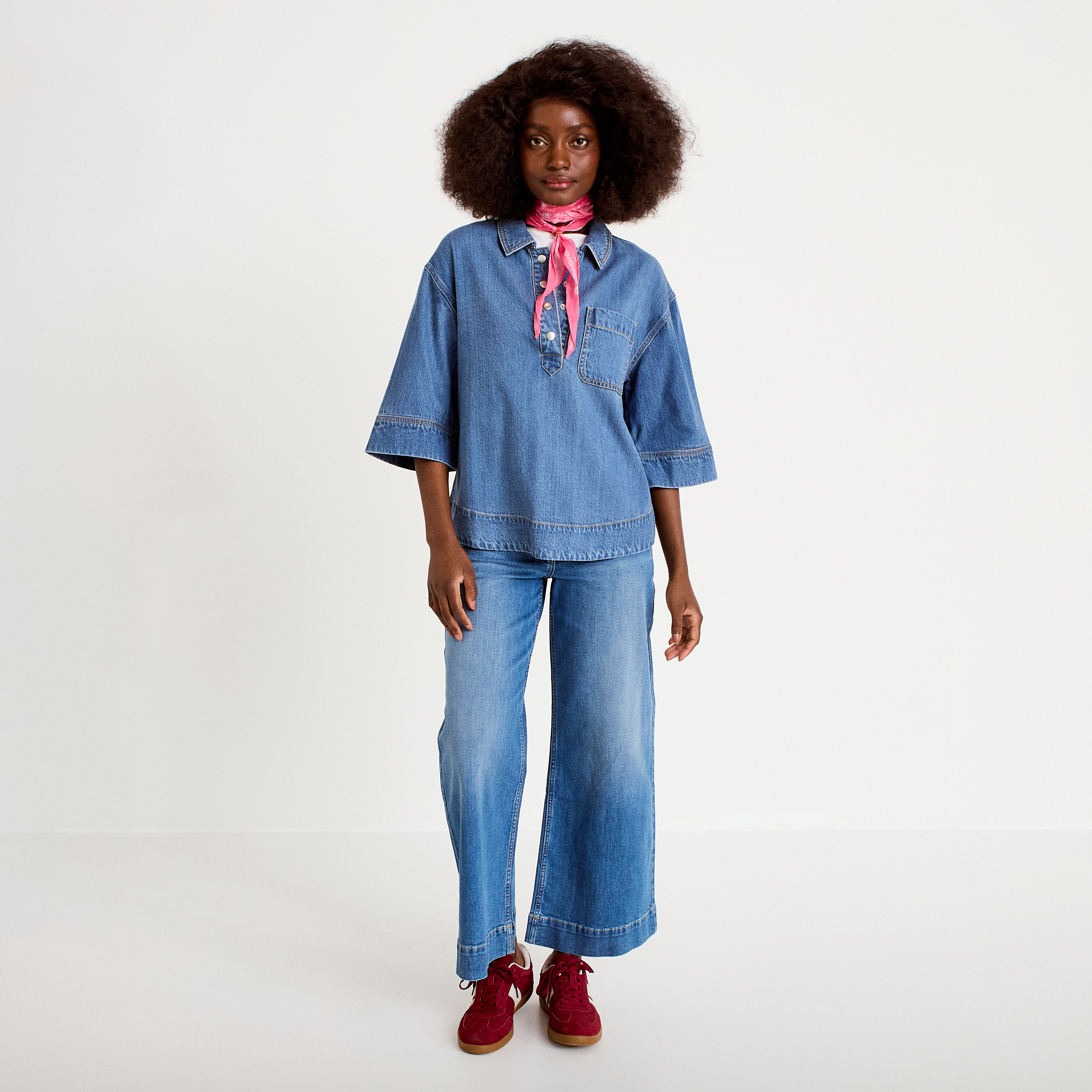 Jean wide leg cropped taille haute denim double stone femme