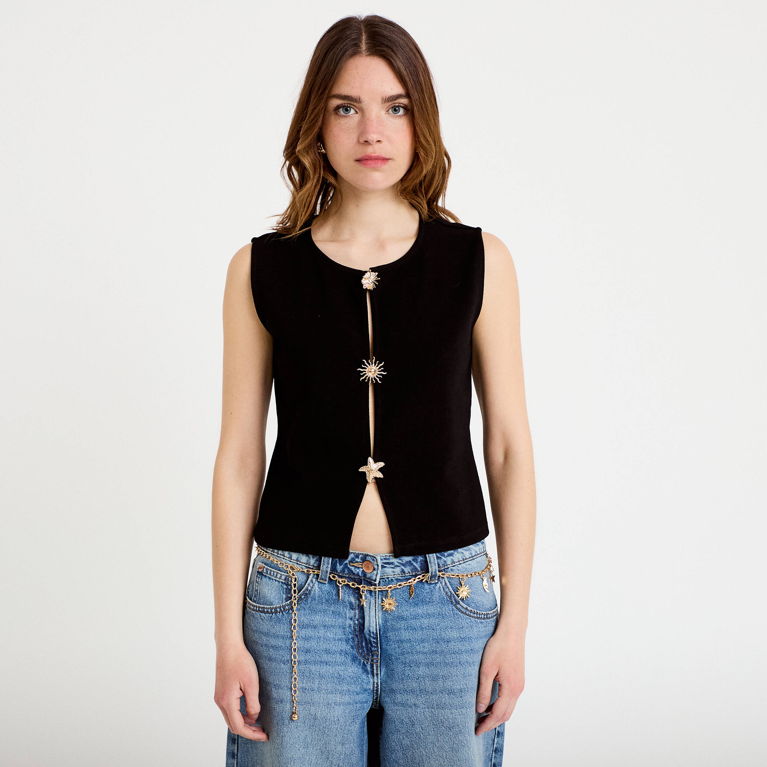 Gilet sans manches col rond noir femme