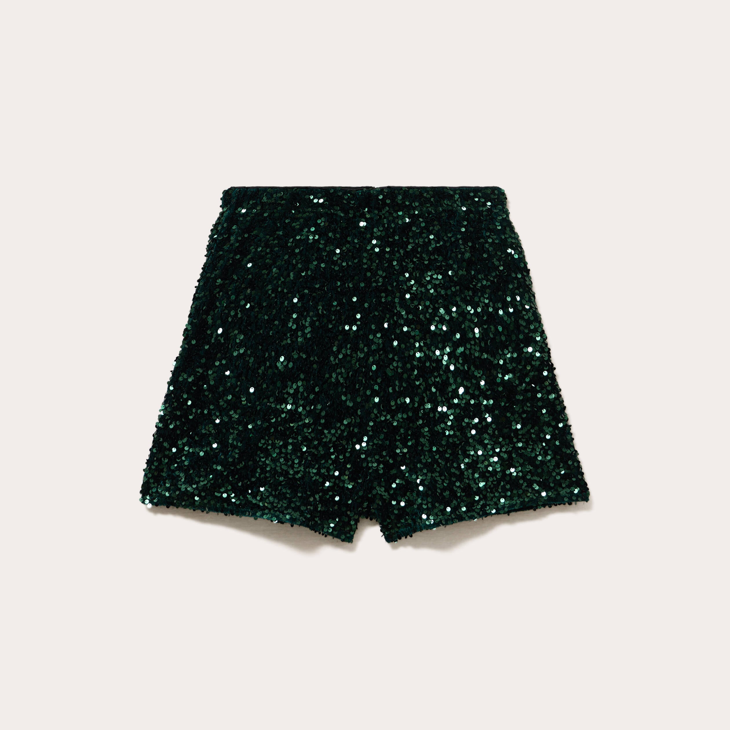 Short flare &agrave; sequins brillants vert fonc&eacute; femme
