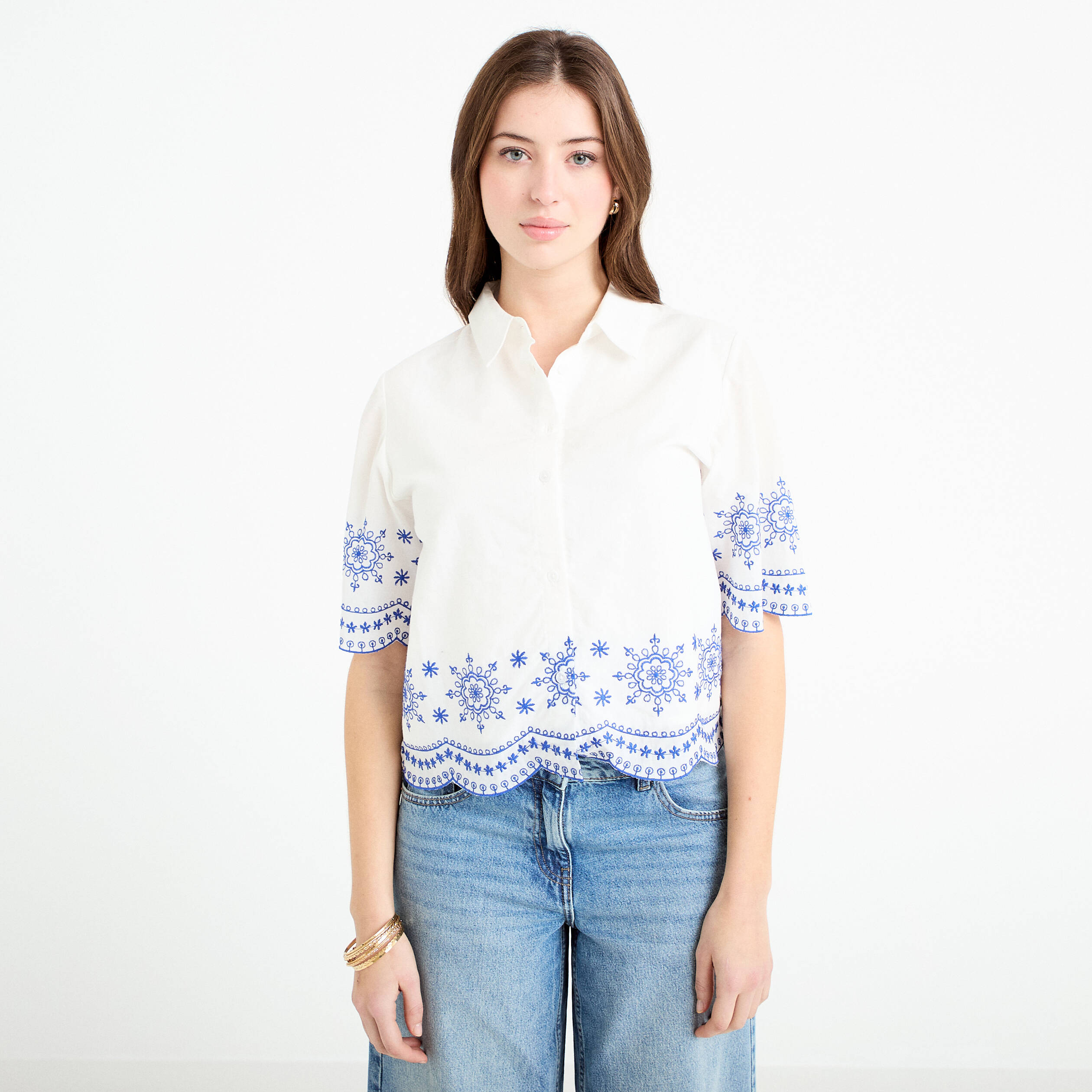 Chemise brod&eacute;e manches courtes ecru femme