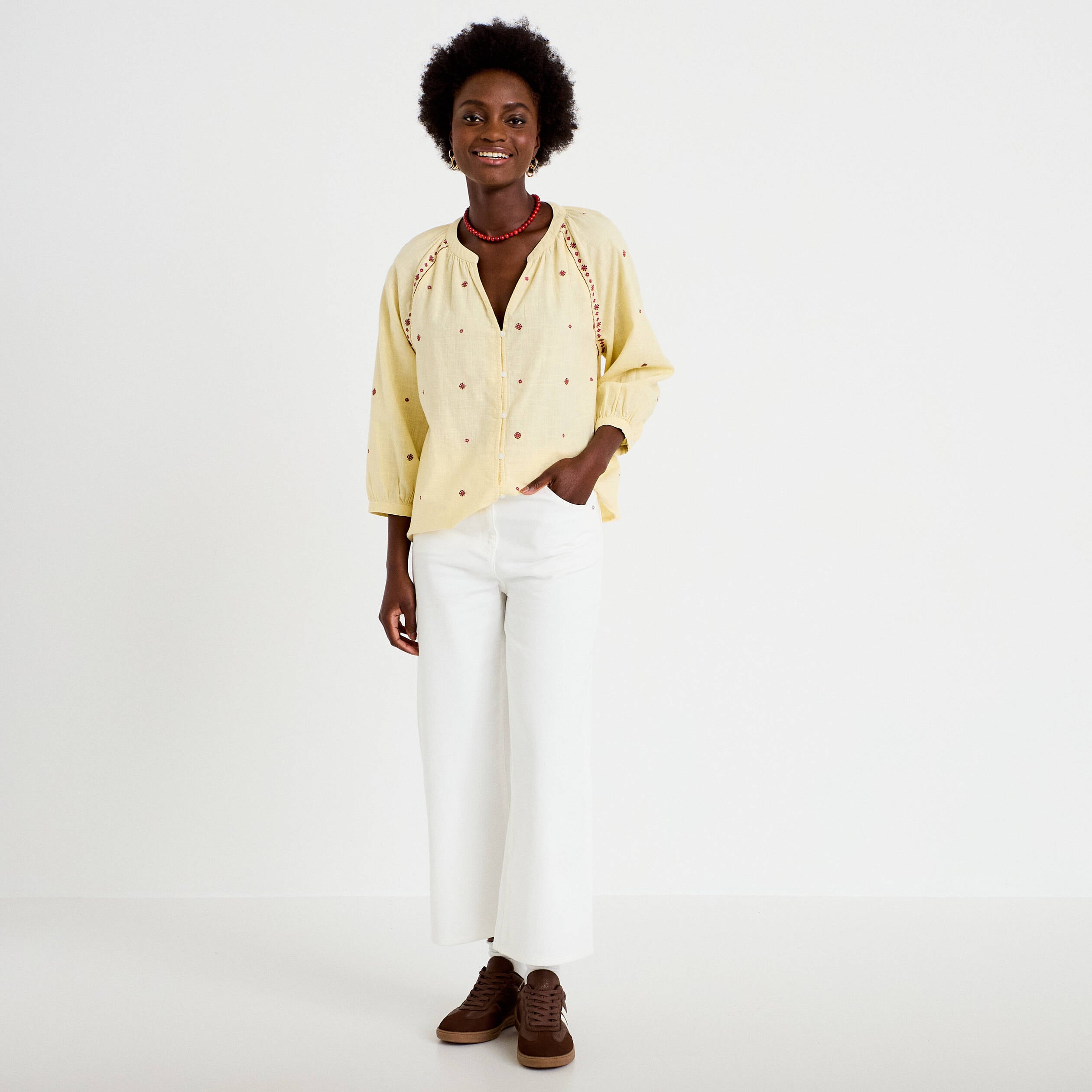 Blouse ample col tunisien manches 3/4 jaune pastel femme