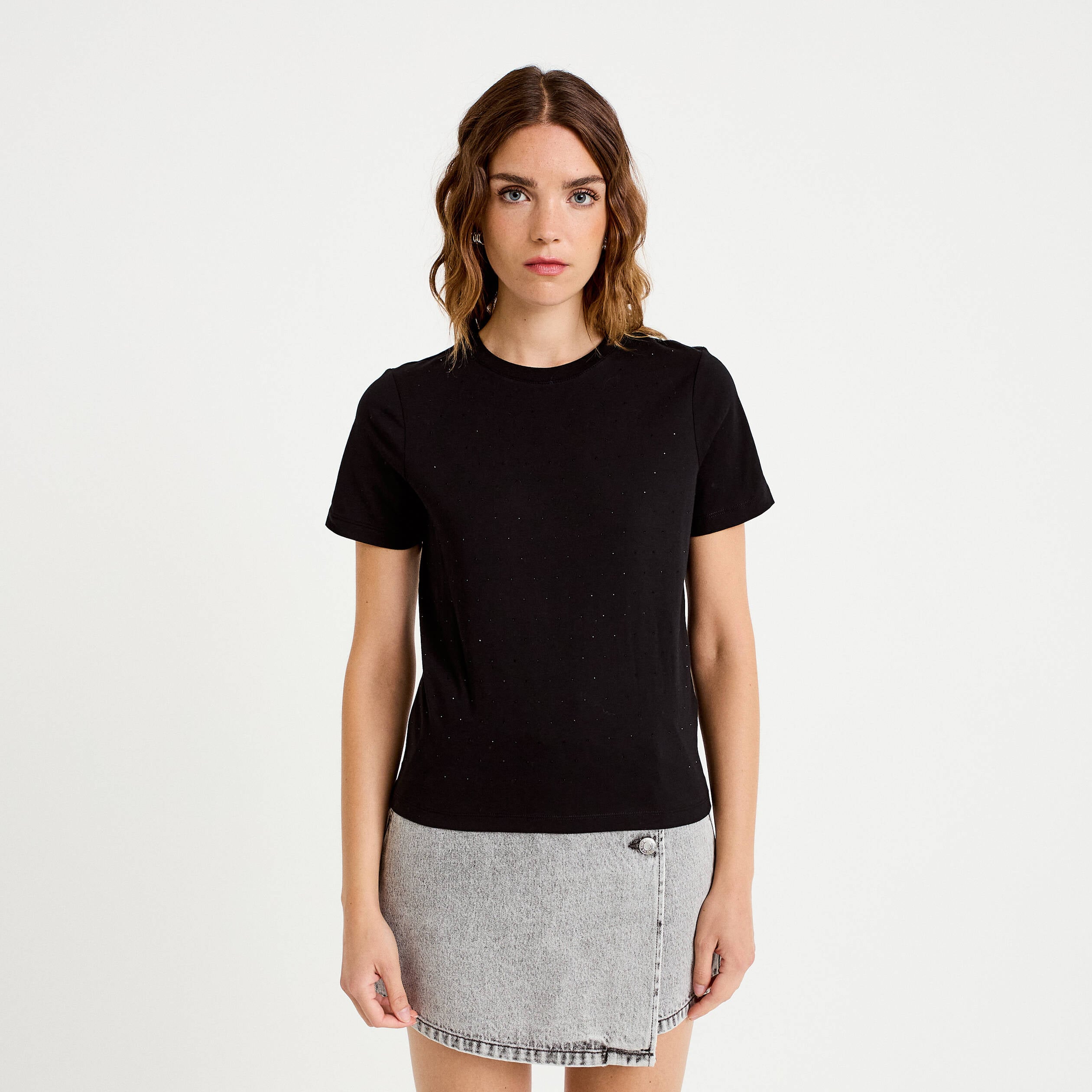 T-shirt col rond manches courtes noir femme
