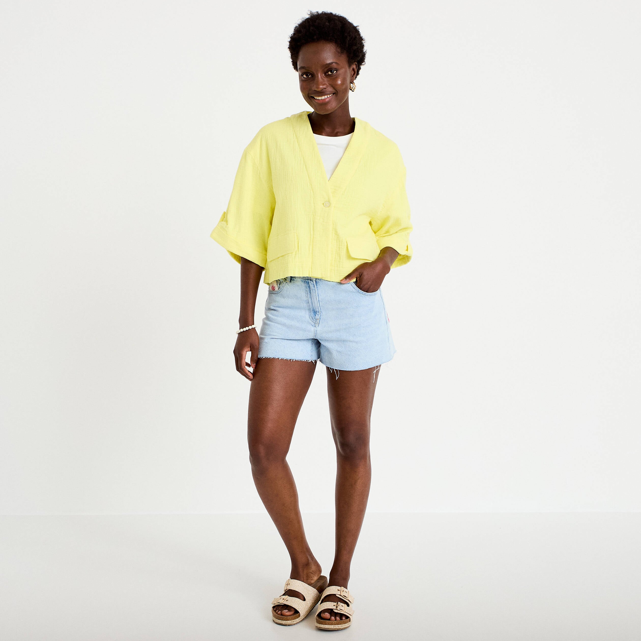 Veste ample pliss&eacute;e manches 3/4 jaune citron femme