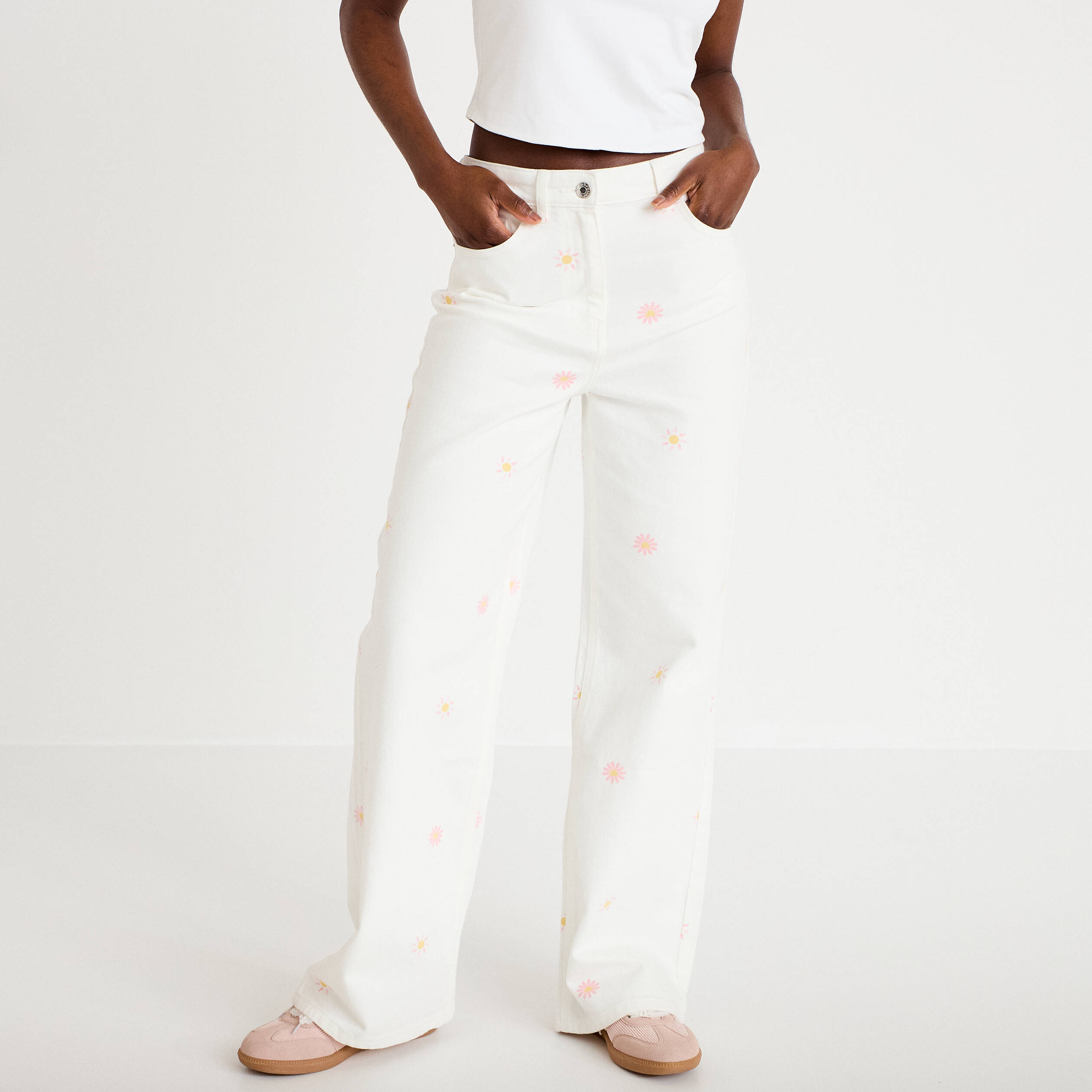 Jean wide leg taille haute &agrave; motif blanc femme