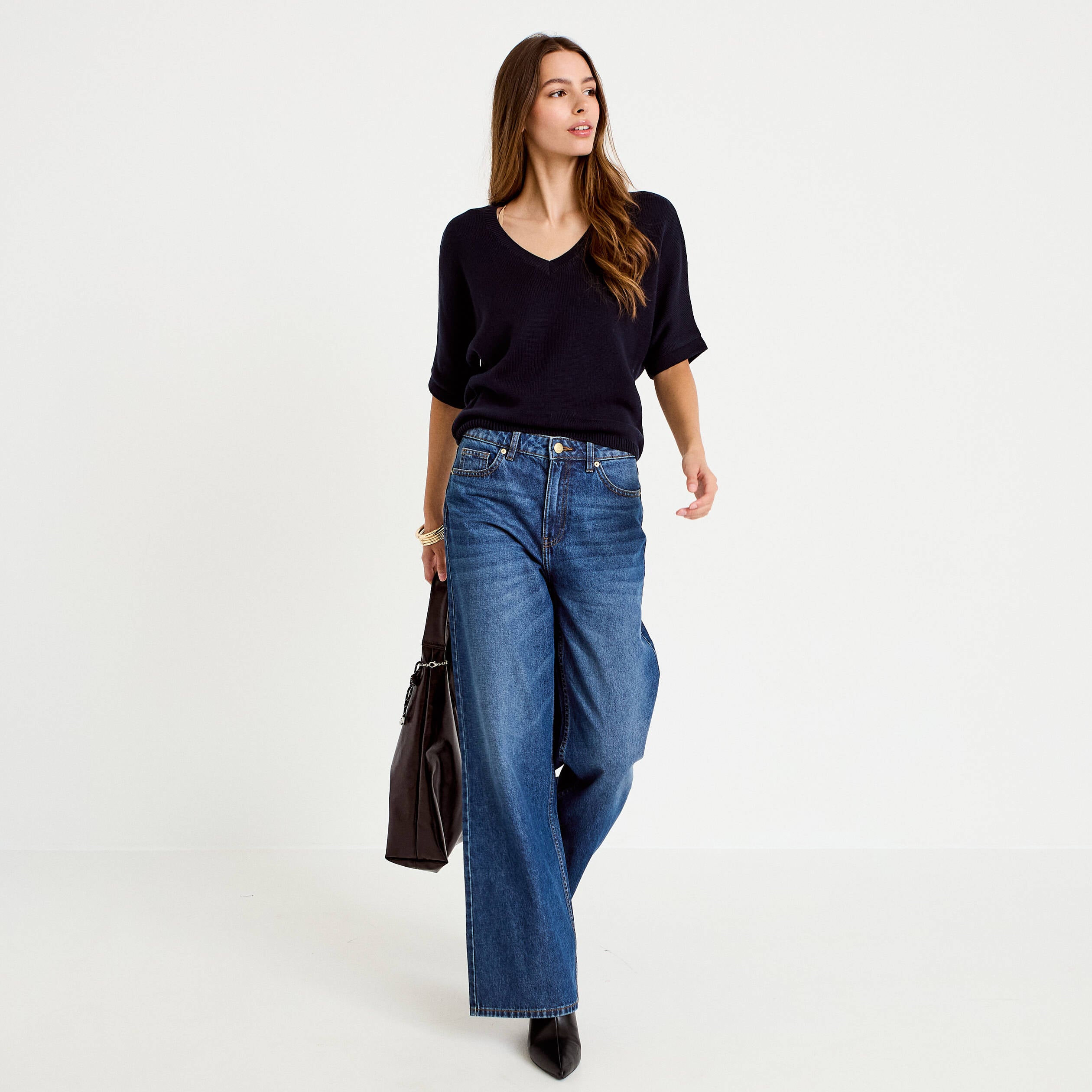 Pull ample col v manches courtes bleu marine femme