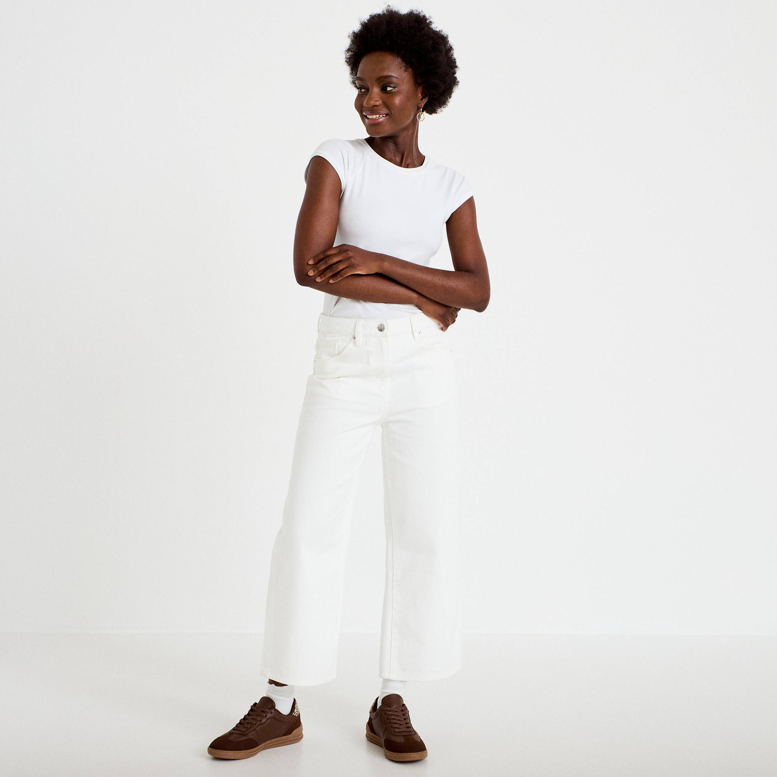 Jean bootcut cropped taille haute ecru femme