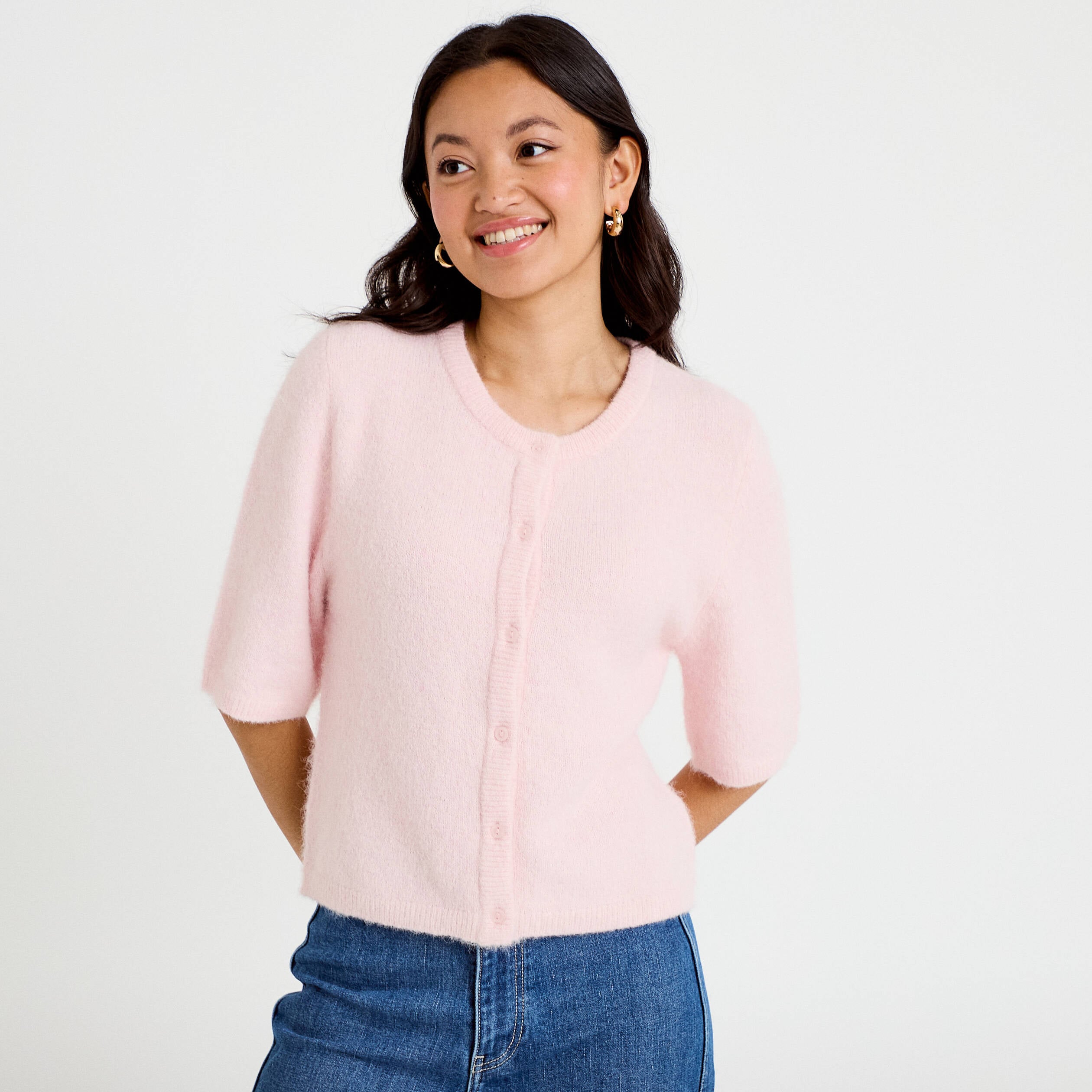 Gilet duveteux manches 3/4 rose clair femme