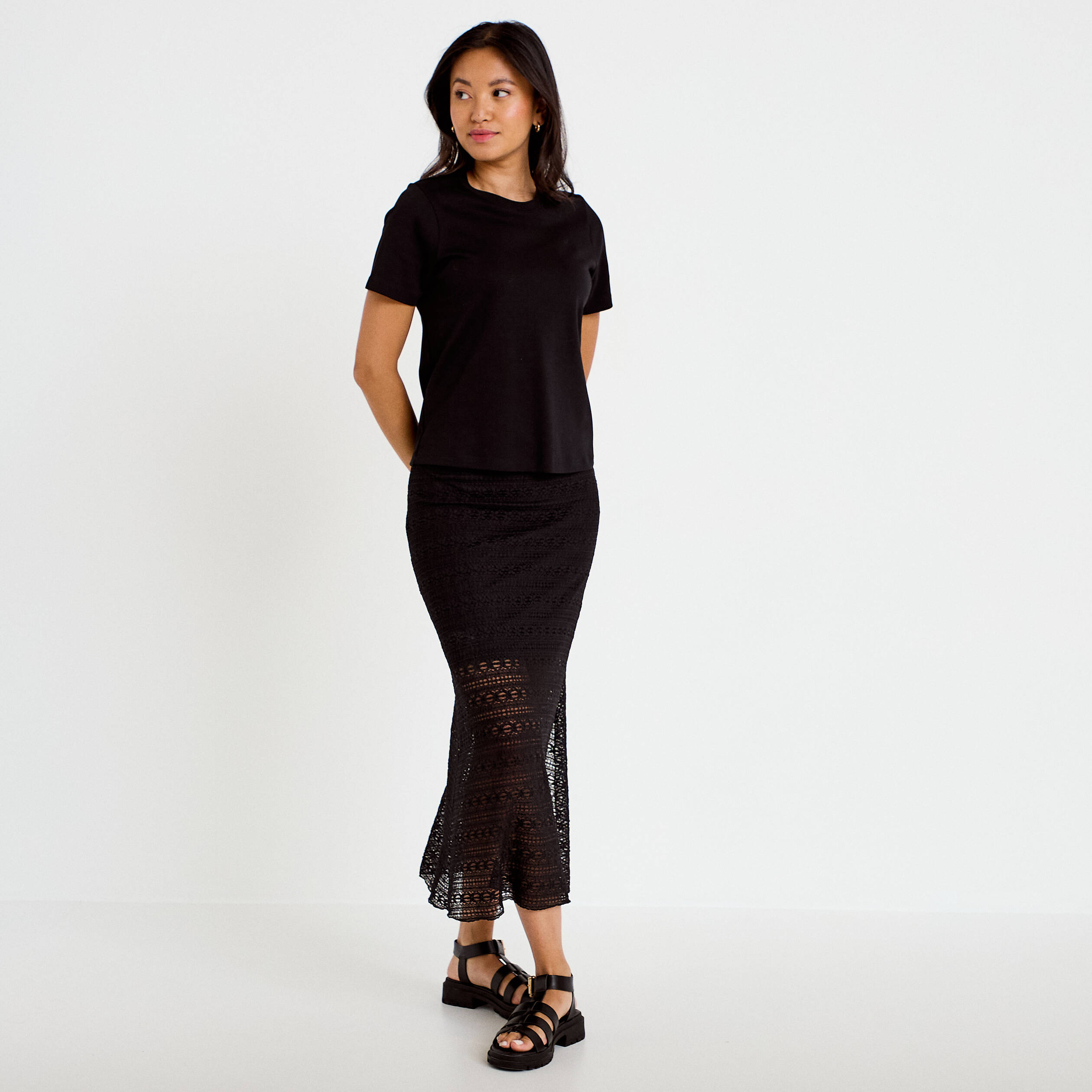 Jupe longue droite en dentelle noir femme