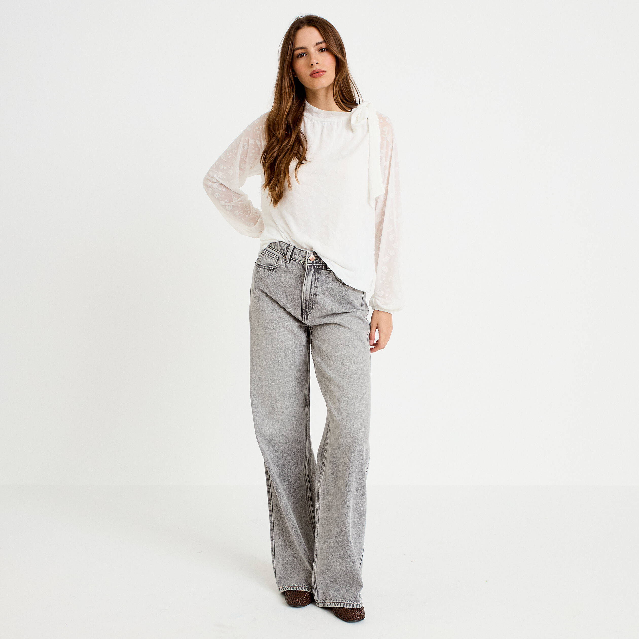 Blouse droite manches longues ecru femme