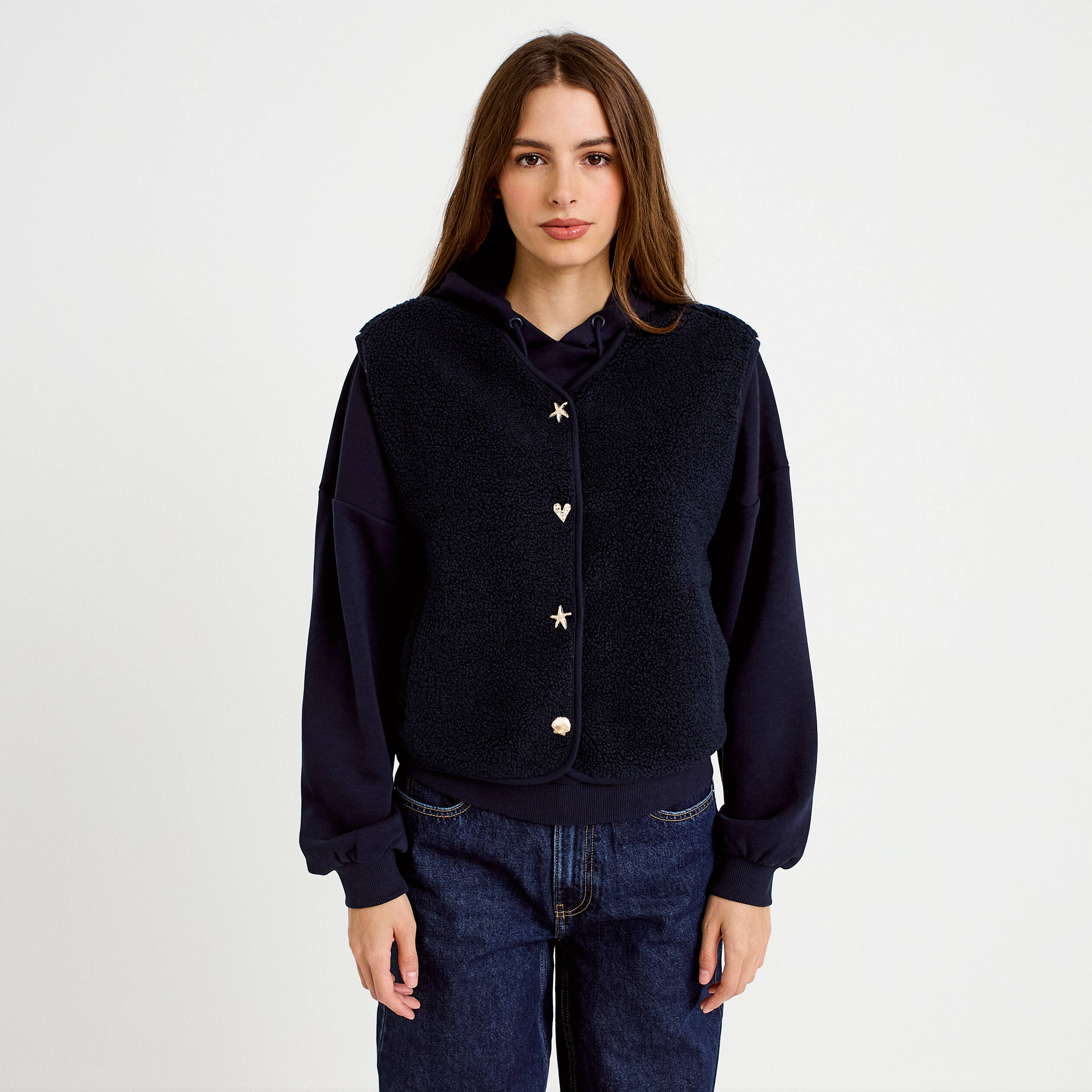 Gilet sans manches effet polaire col v bleu marine femme
