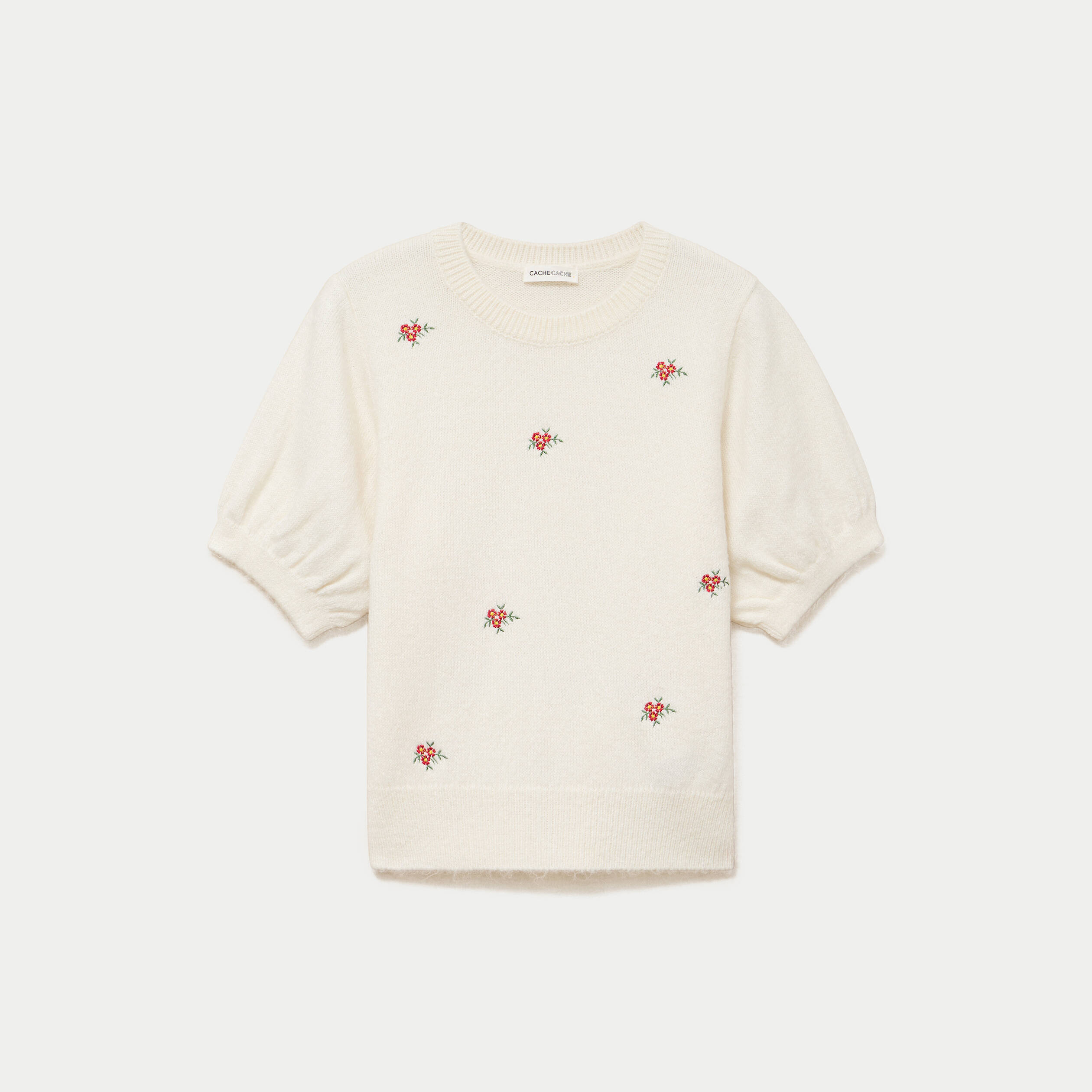 Pull col rond manches courtes brod&eacute; ecru femme