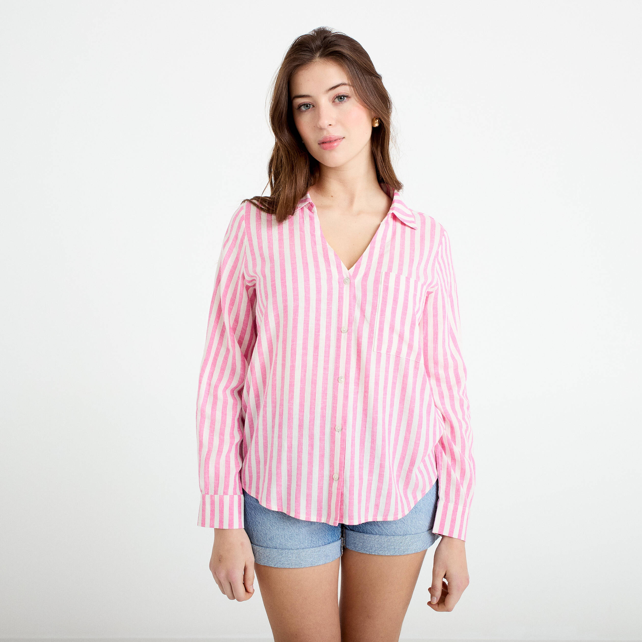 Chemise lin col V manches longues rose femme