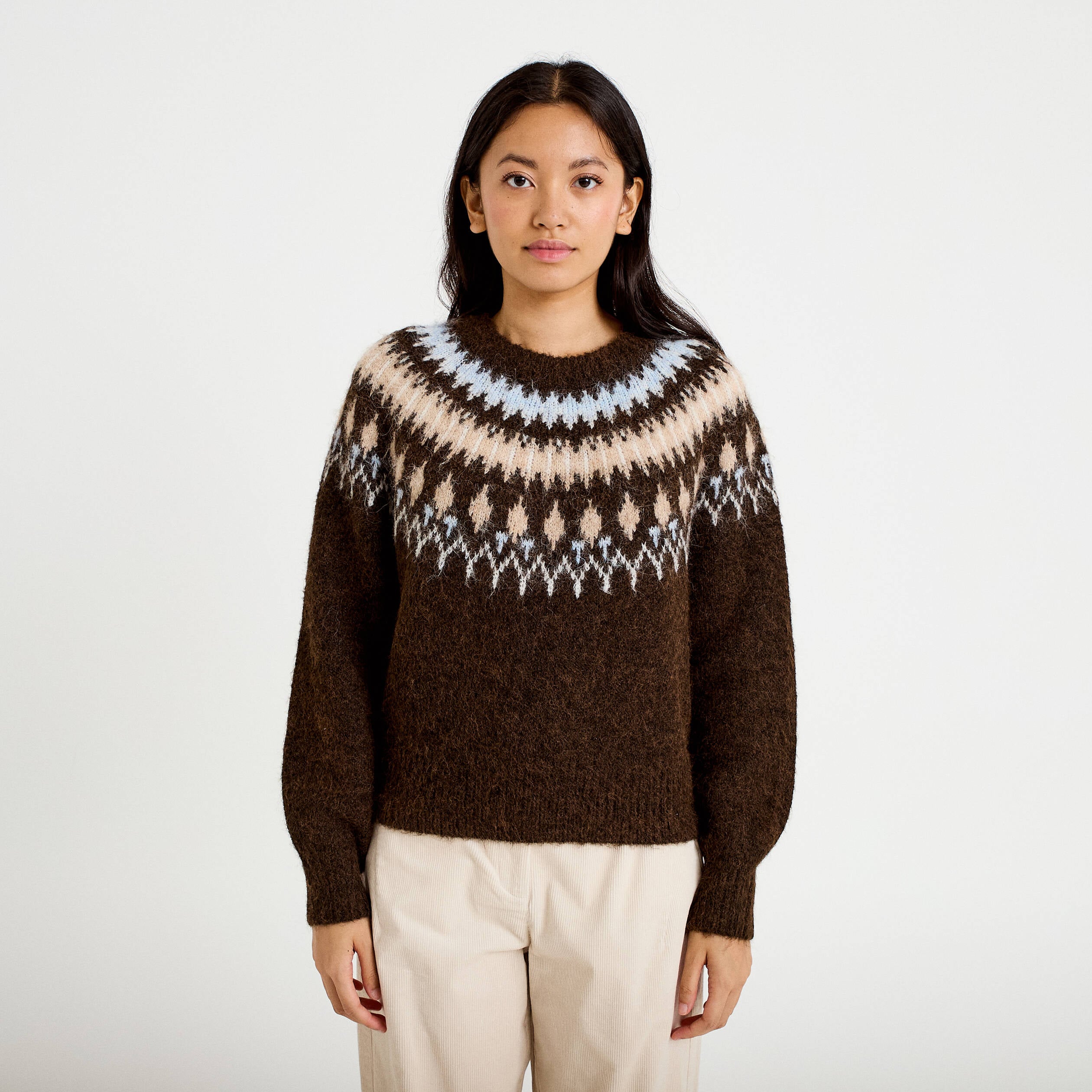 Pull col rond manches longues marron fonc&eacute; femme