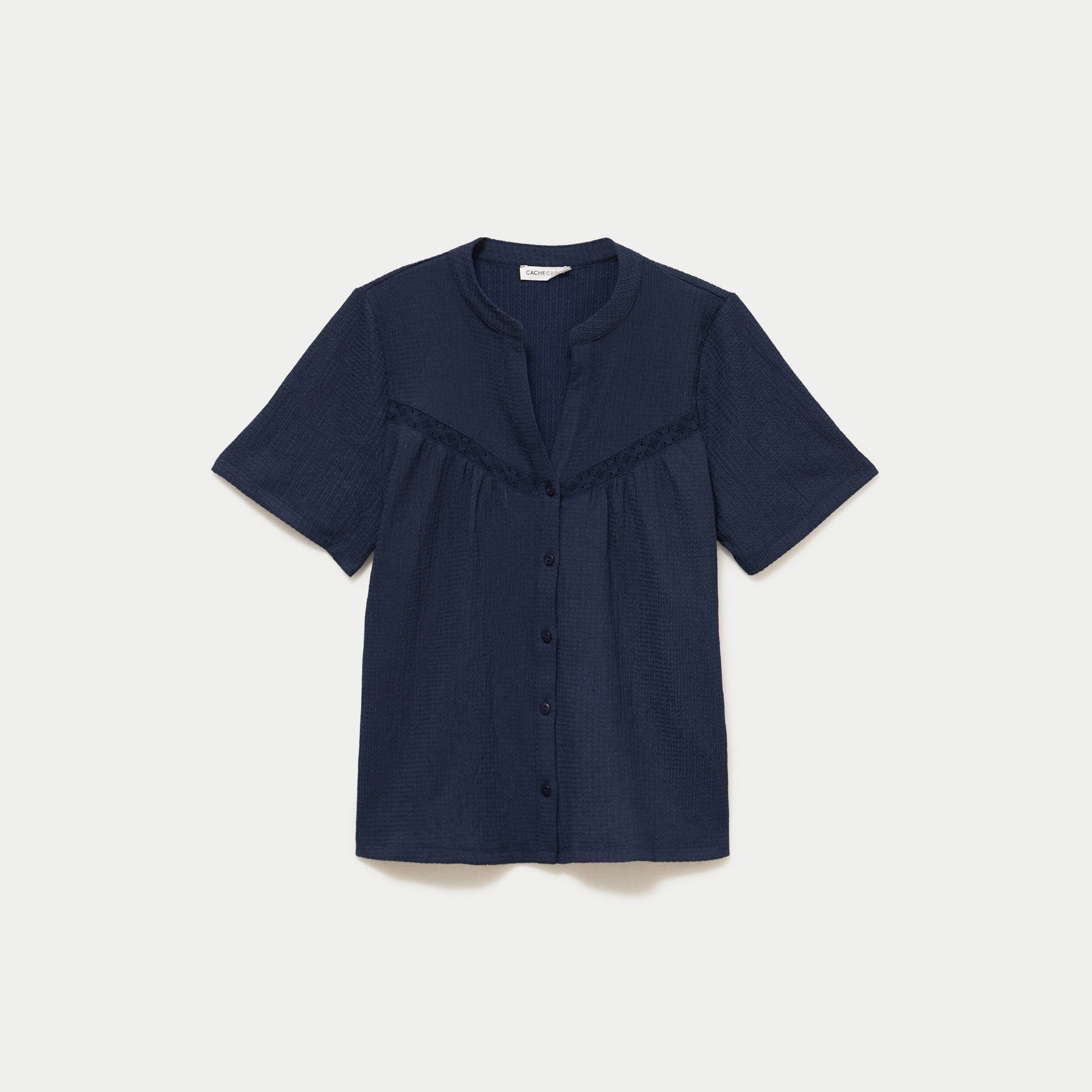 Blouse pliss&eacute;e col v manches courtes bleu fonc&eacute; femme