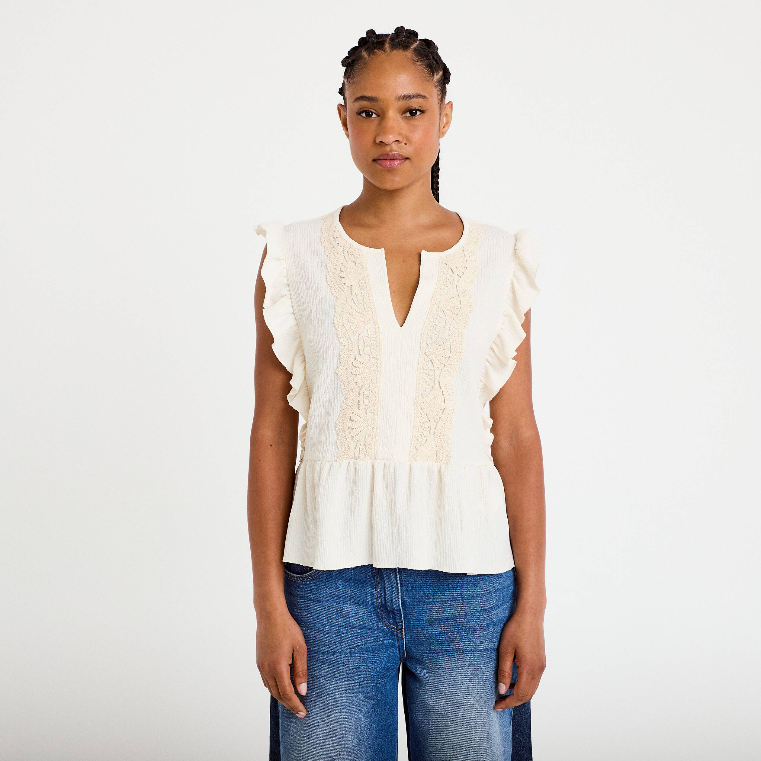 Blouse sans manches col v ecru femme