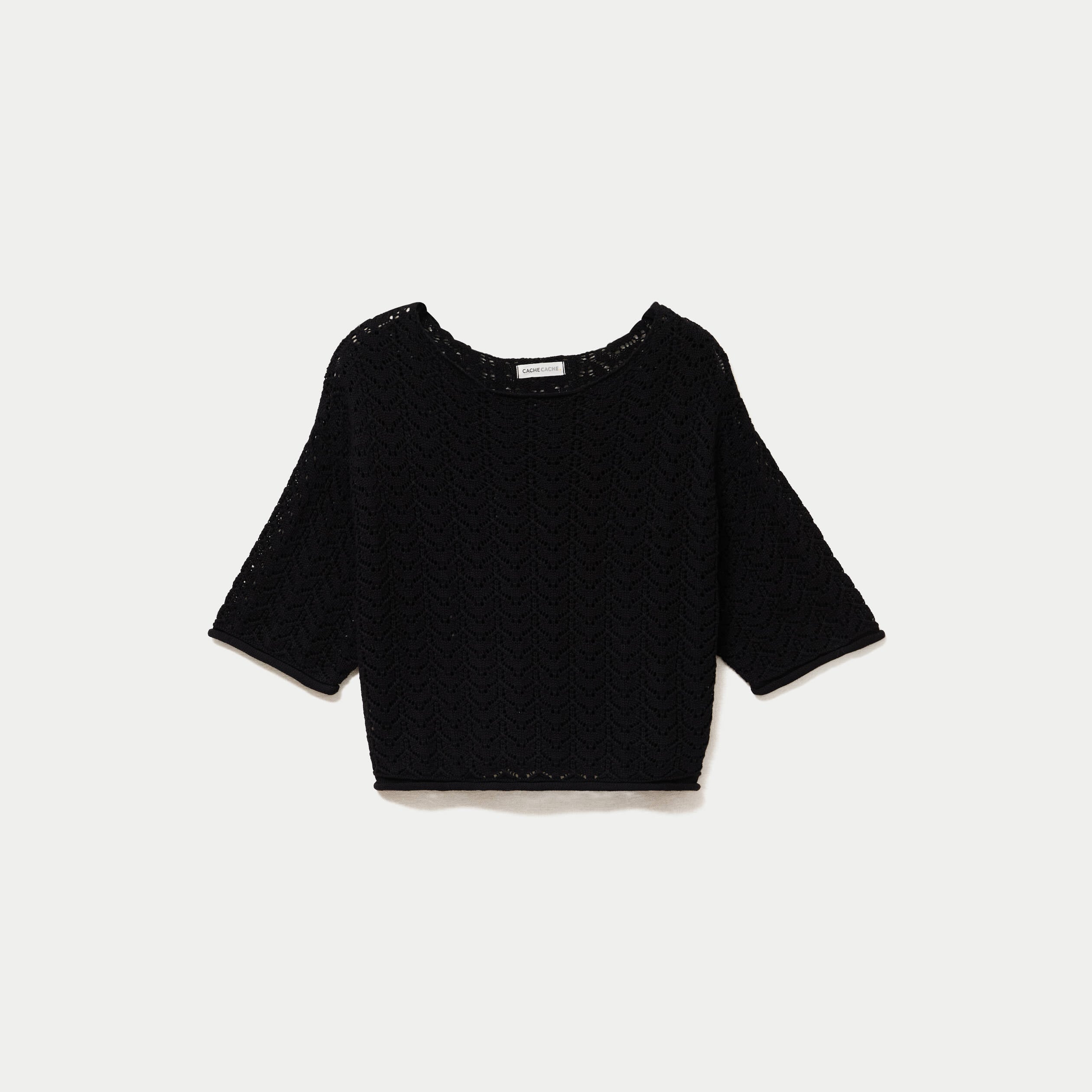 Pull ajour&eacute; aspect dentelle col rond noir femme