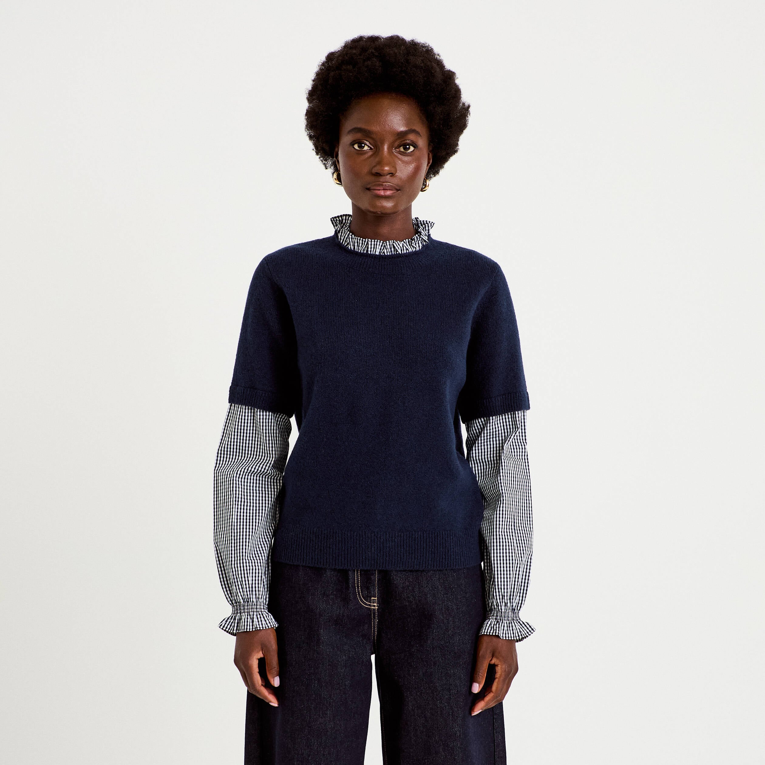 Pull col rond vichy manches longues bleu marine femme