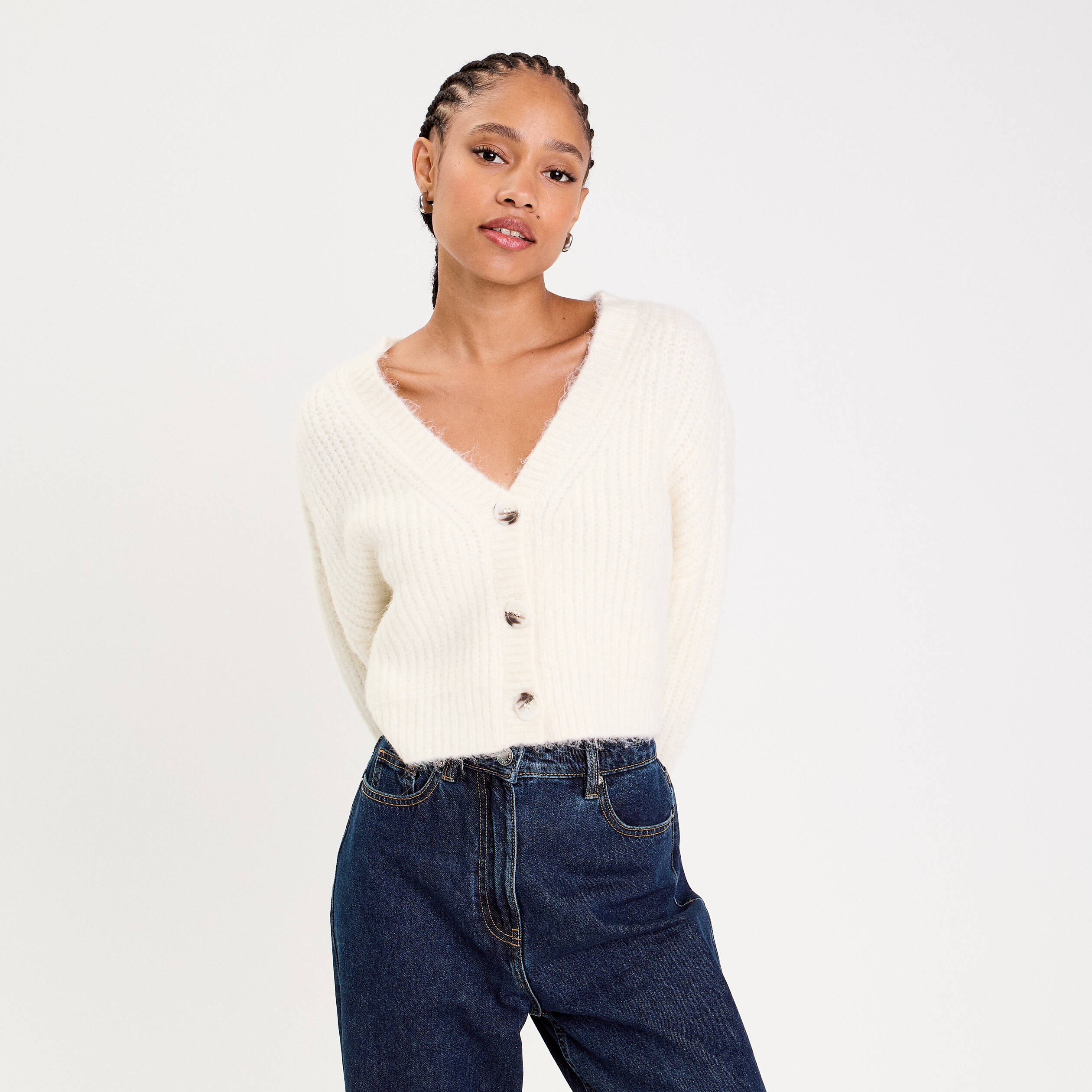 Gilet col v manches longues ecru femme