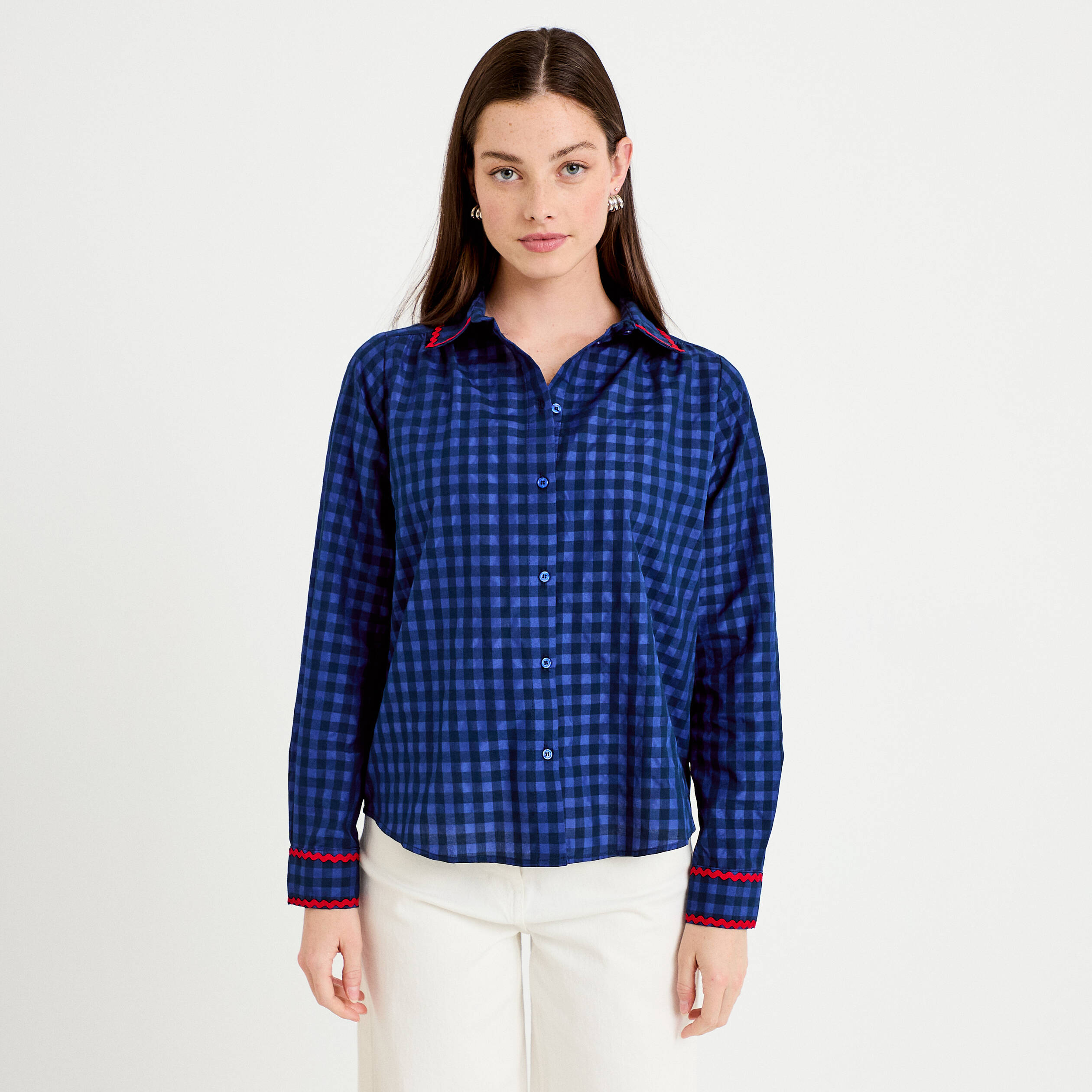 Chemise droite vichy col claudine bleu electrique femme