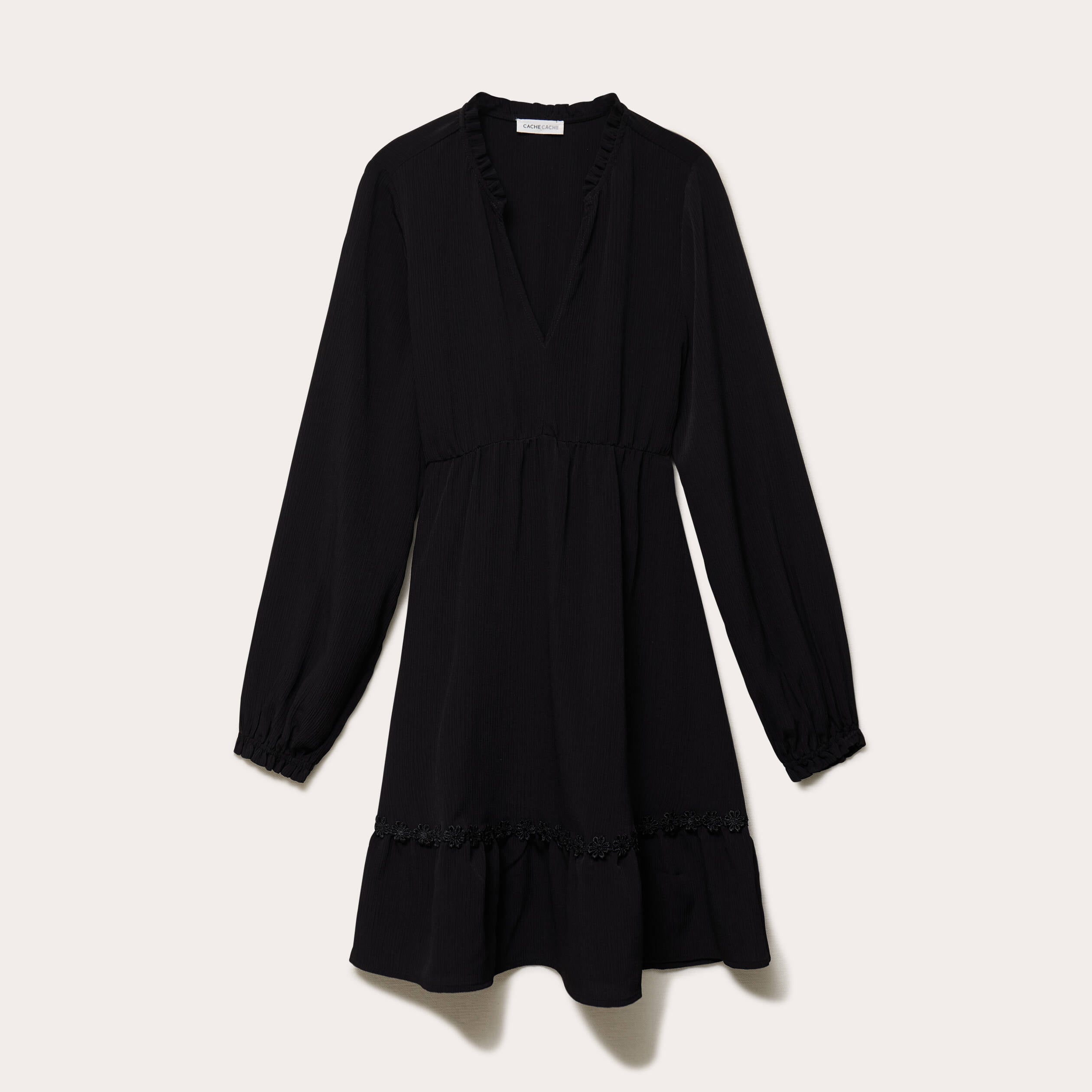 Robe &eacute;vas&eacute;e col v manches longues noir femme