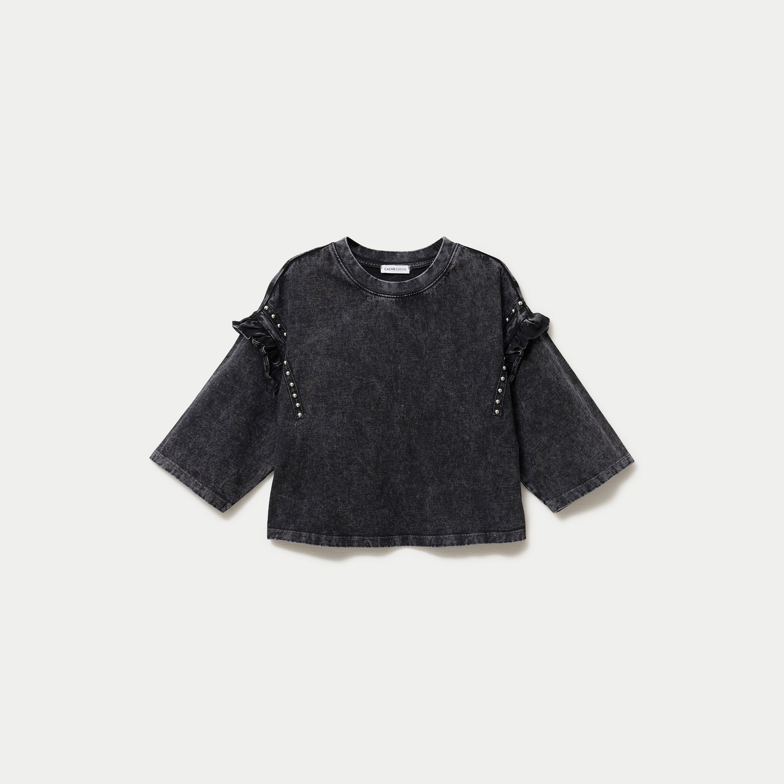 T-shirt oversize court manches longues gris fonc&eacute; femme