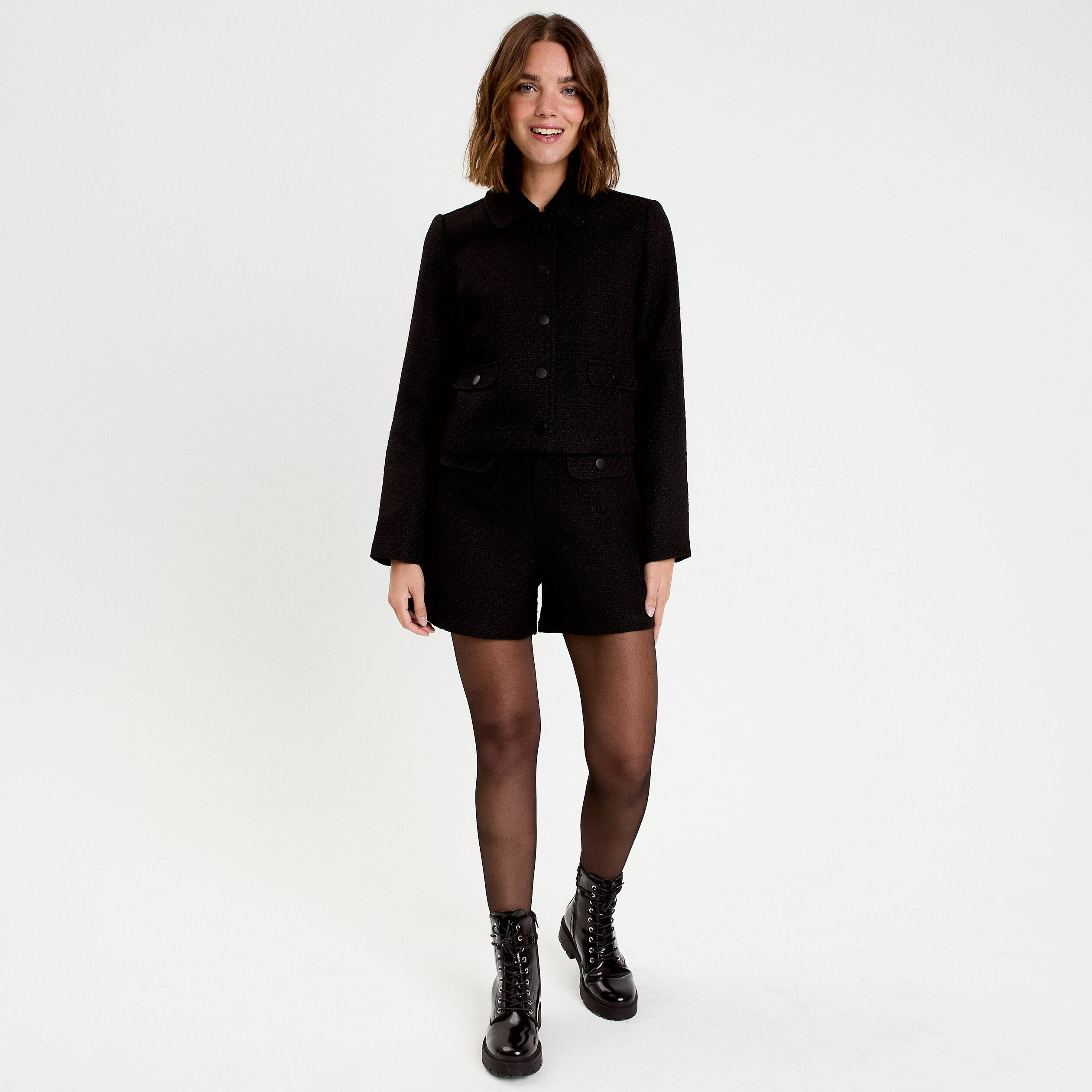 Veste droite cropped en tweed noir femme
