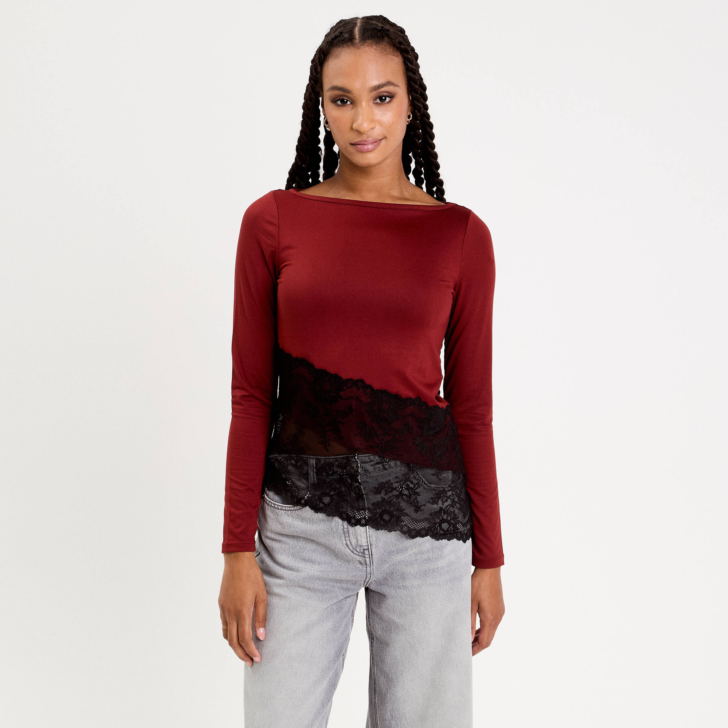 Top ajust&eacute; manches longues orange fonc&eacute; femme