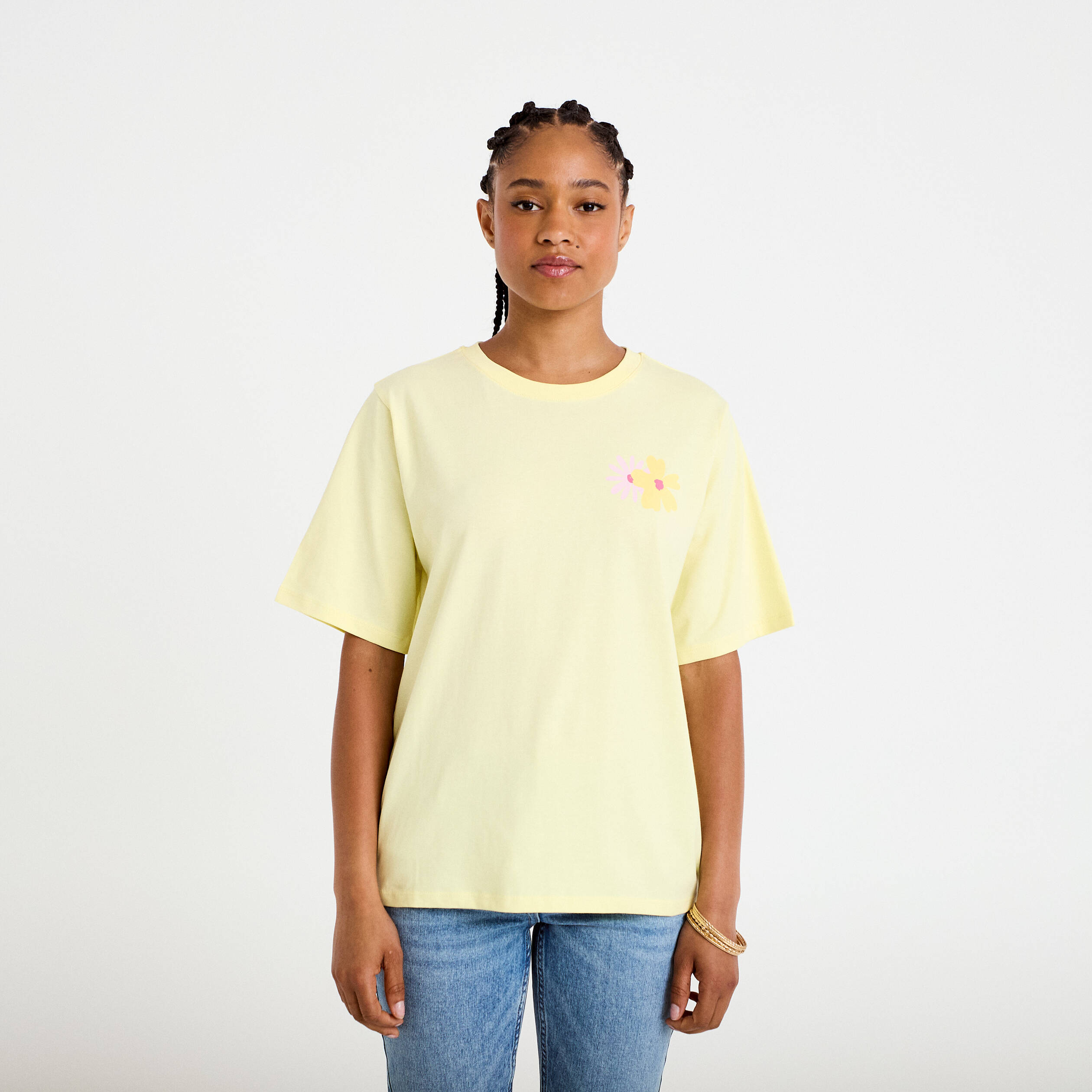 T-shirt col rond manches courtes jaune clair femme