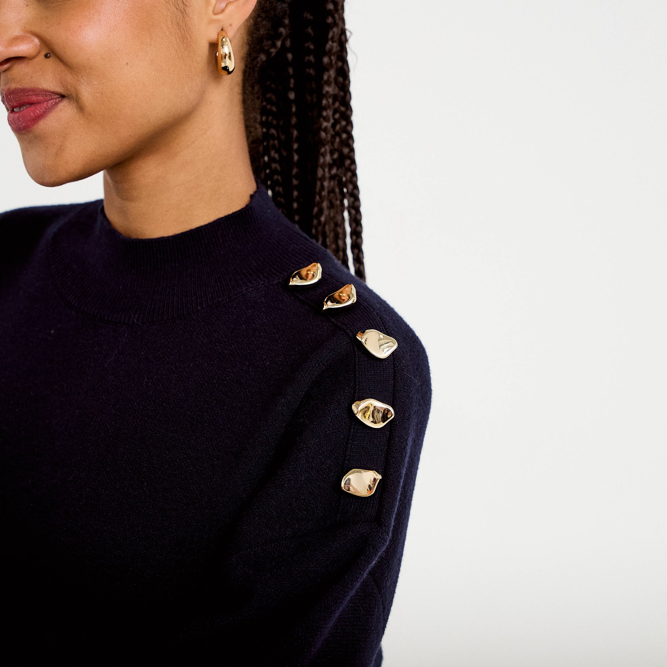 Pull col montant manches longues bleu marine femme