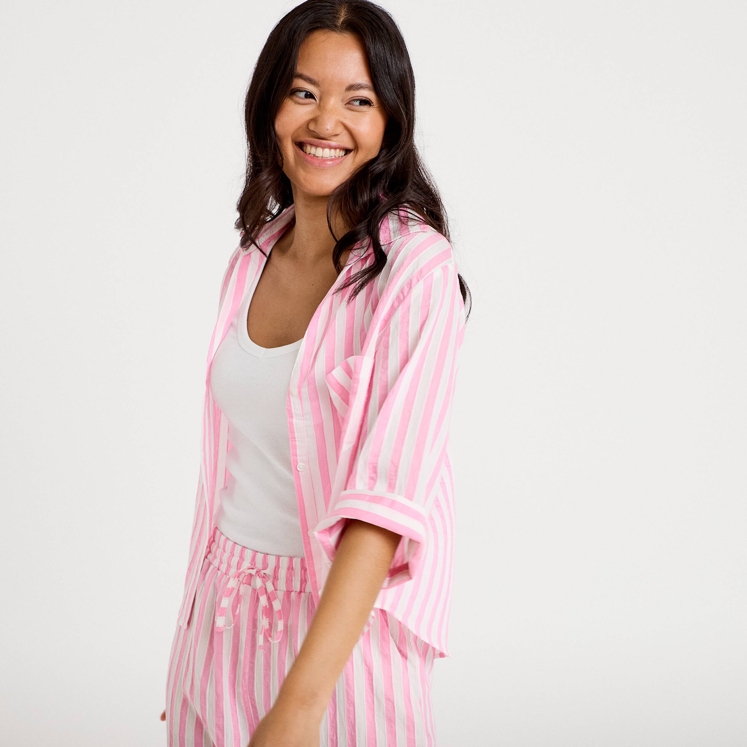 Blouse ample col tunisien manches 3/4 rose femme