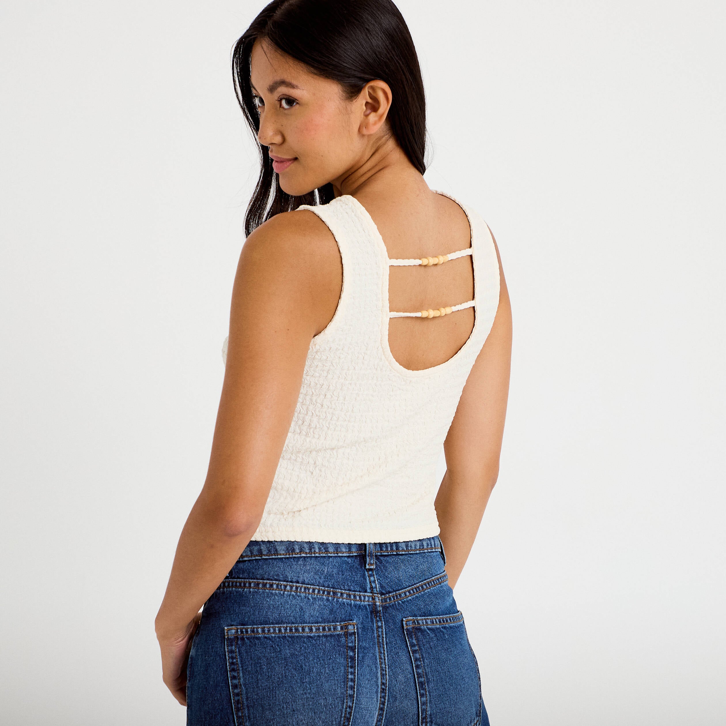 Top pliss&eacute; col rond manches courtes ecru femme