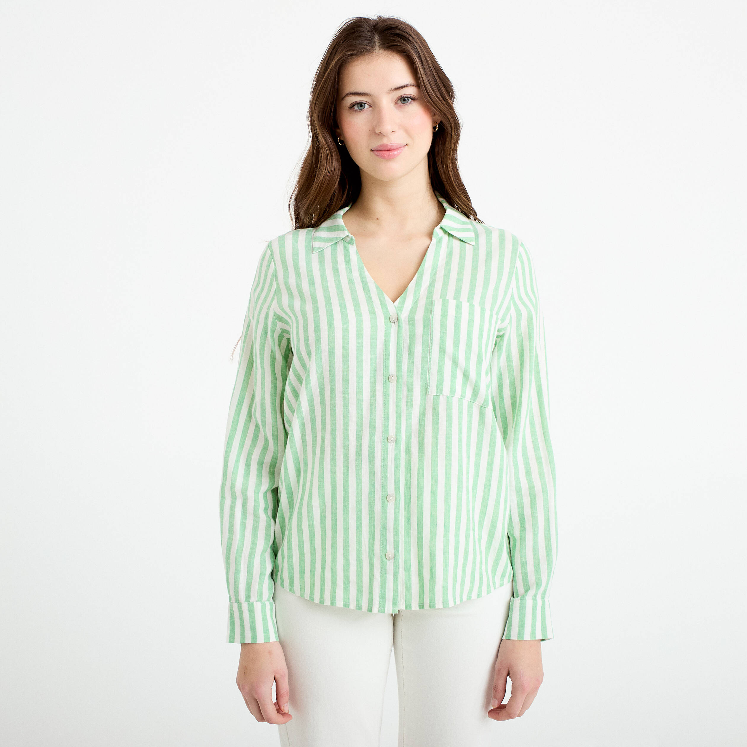 Chemise lin col V manches longues vert femme