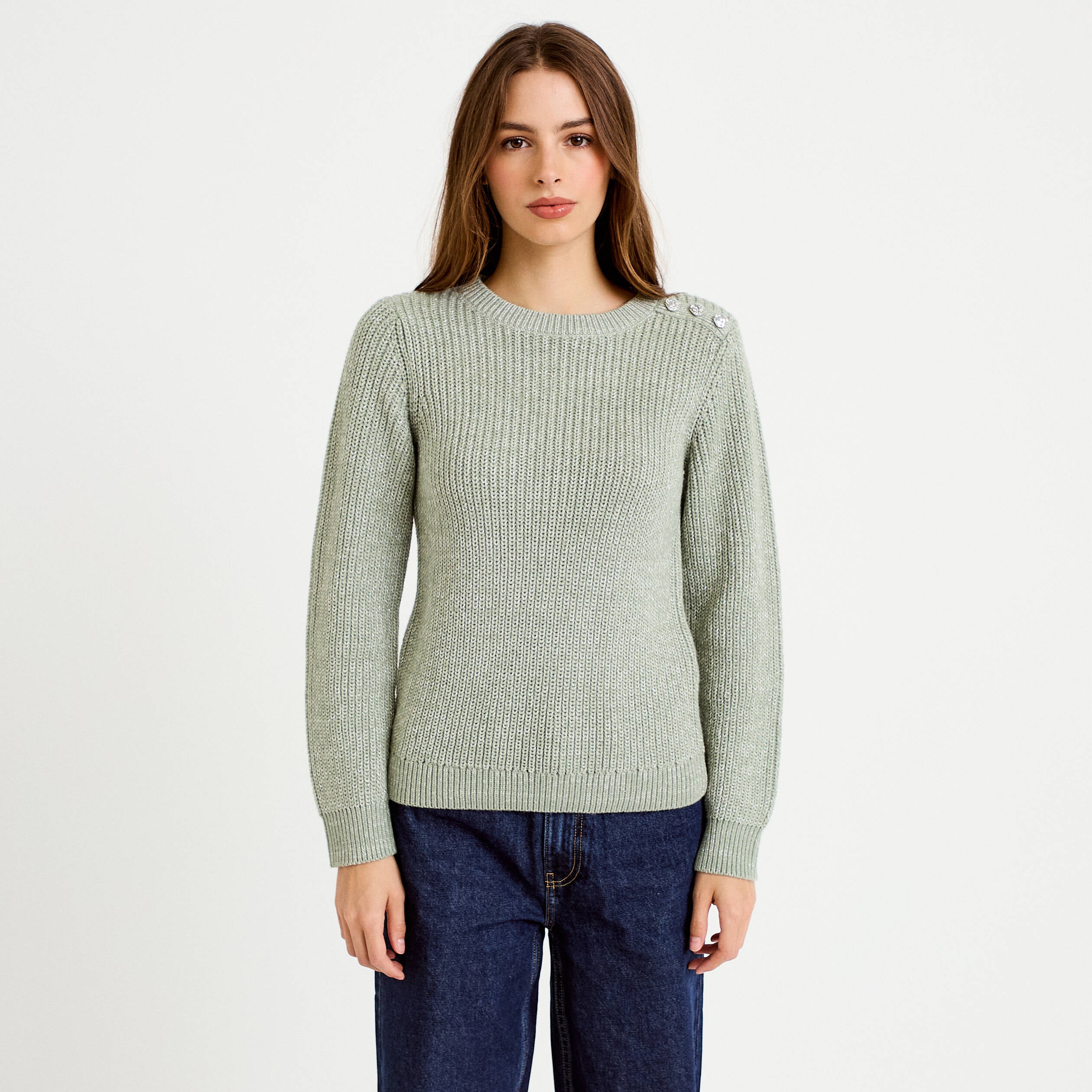 Pull manches longues brillant vert pastel femme