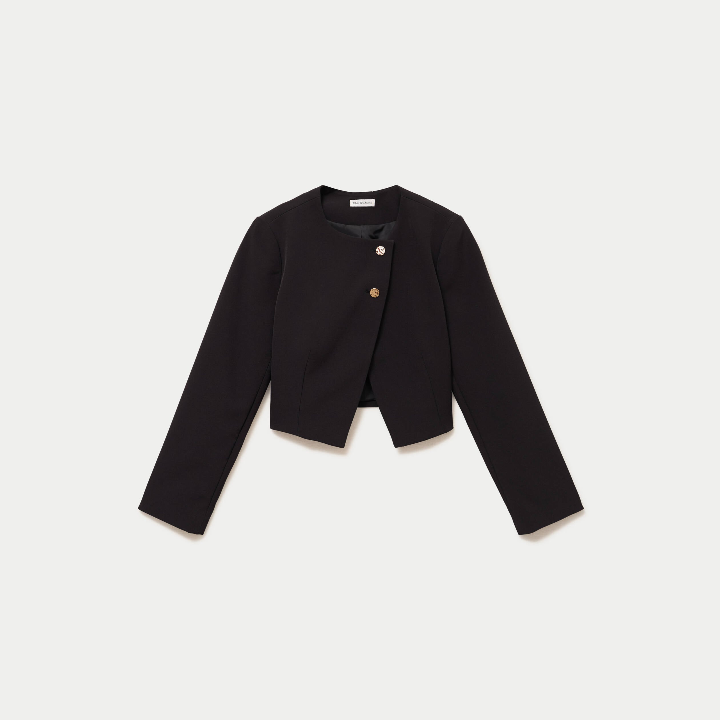 Blazer droit cropped col rond noir femme