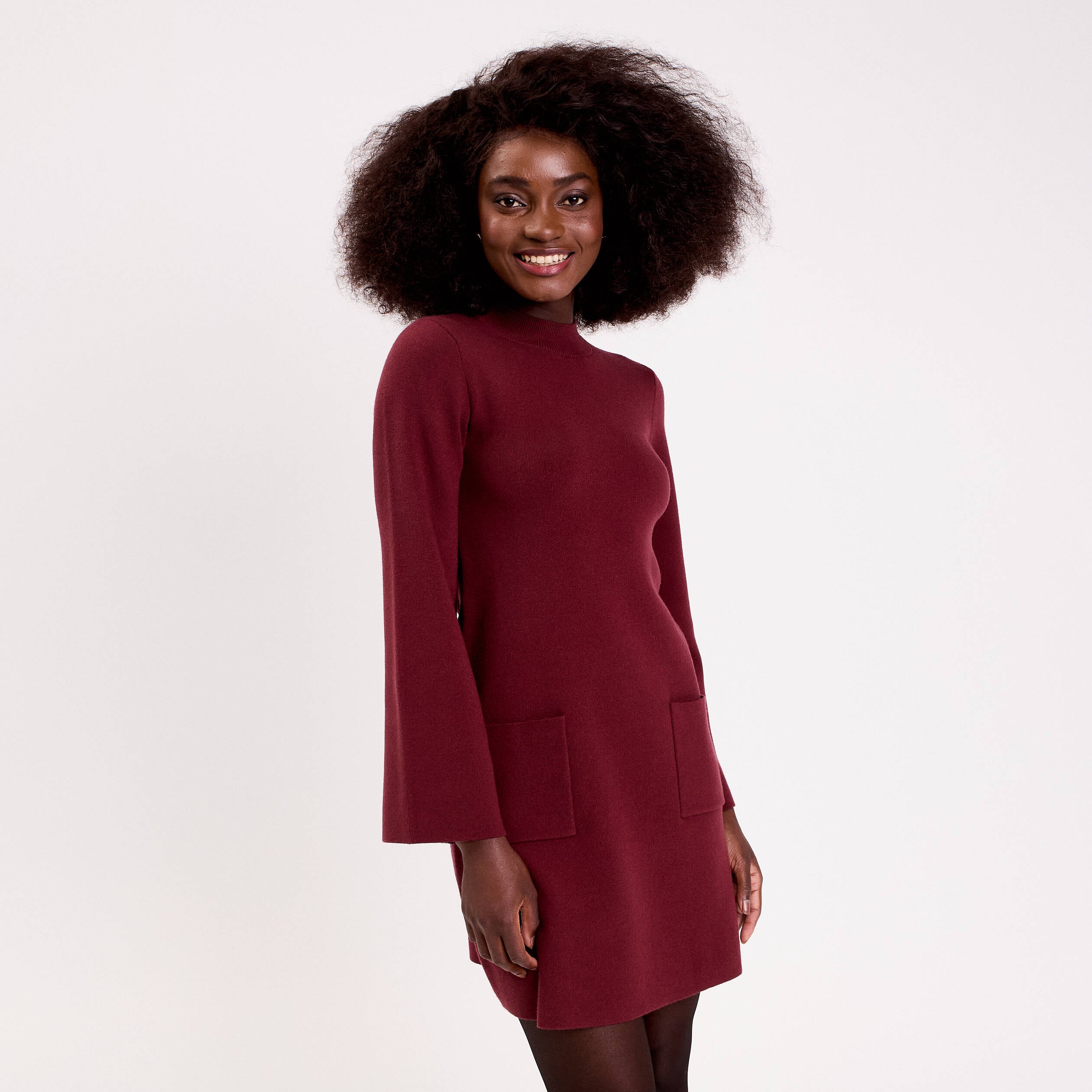 Robe manches longues col montant bordeaux femme