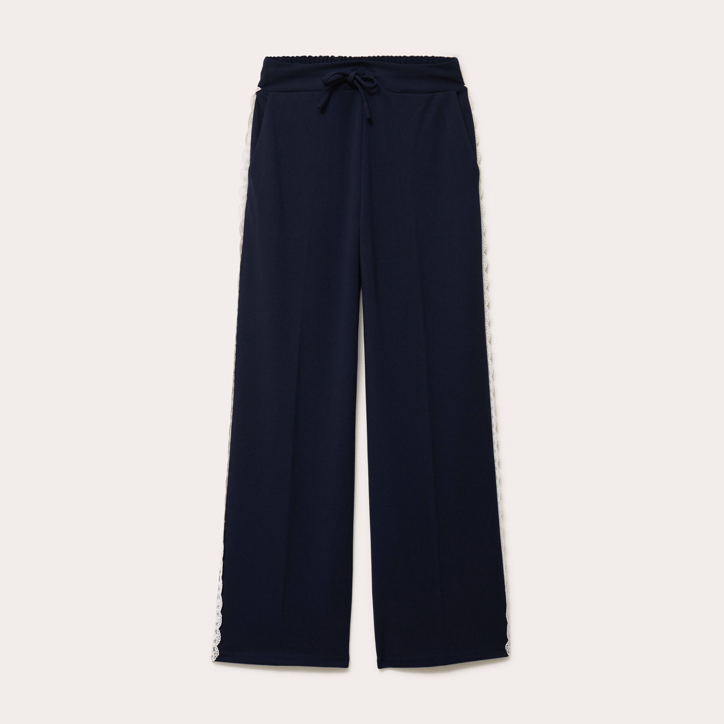 Pantalon large fluide d&eacute;tail dentelle bleu marine femme