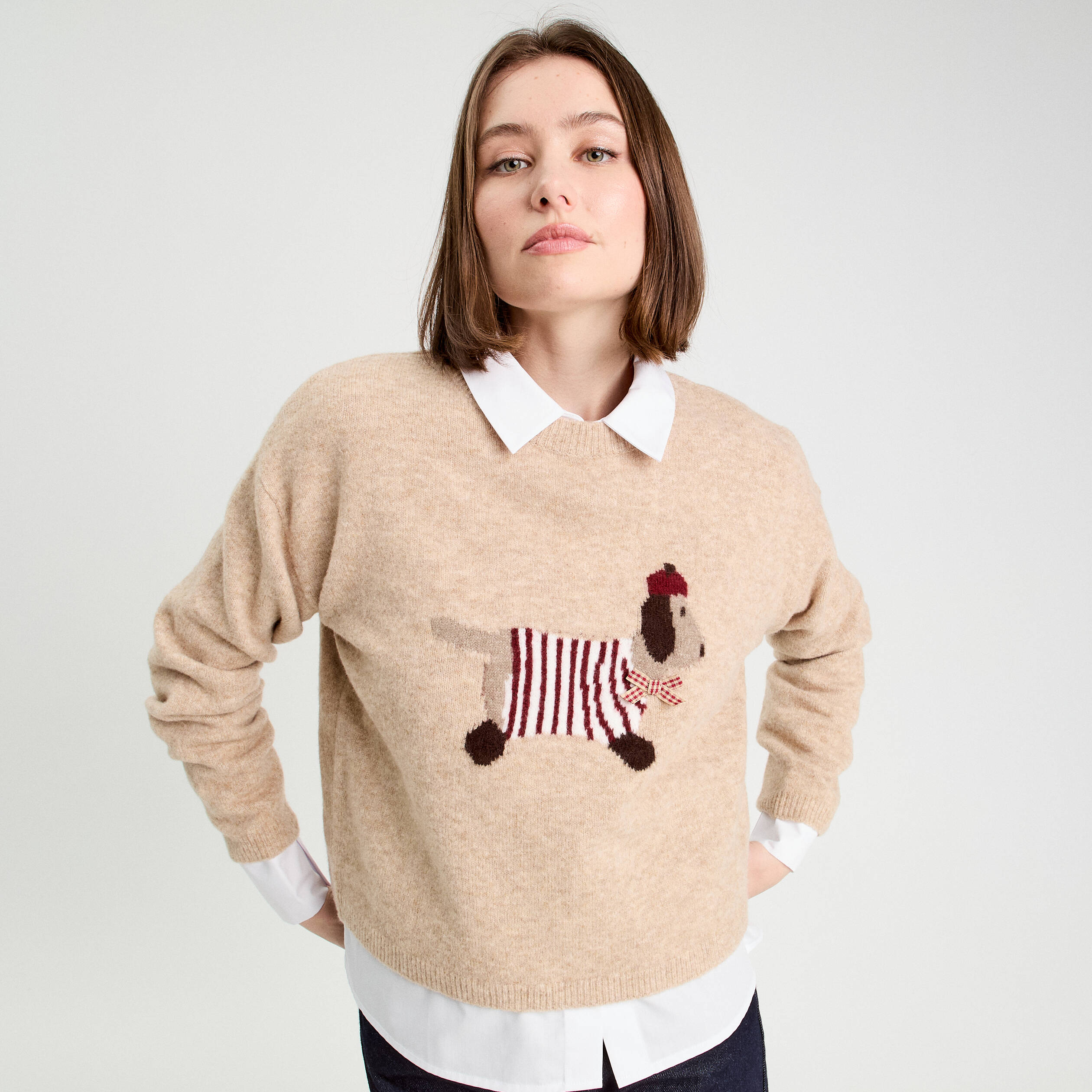 Robe Foley + Corinna Manches Longues Jersey Burnout Avec Nœud - Taille L - Beige - Neuve Sans étiquette