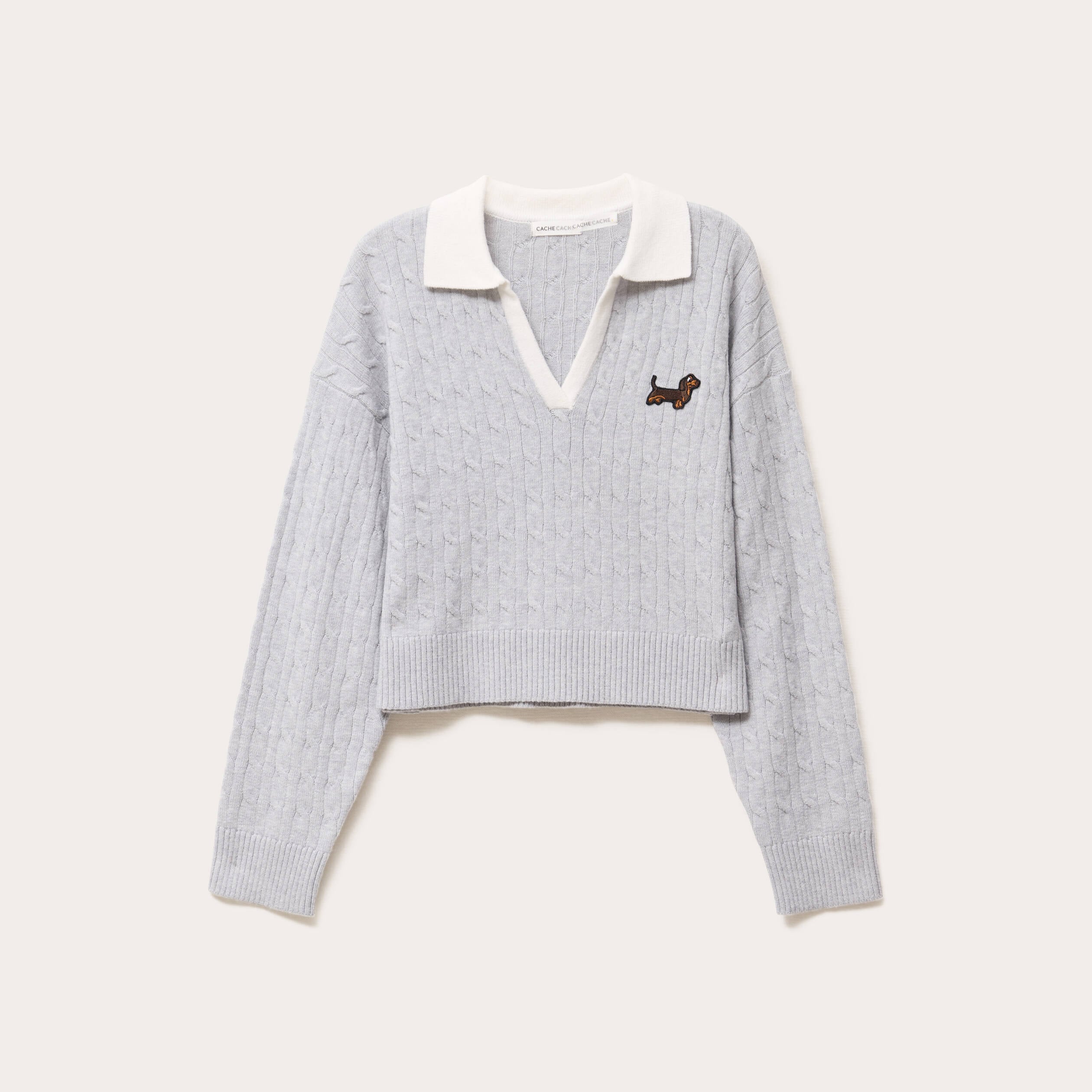 Pull manches longues col polo gris clair femme