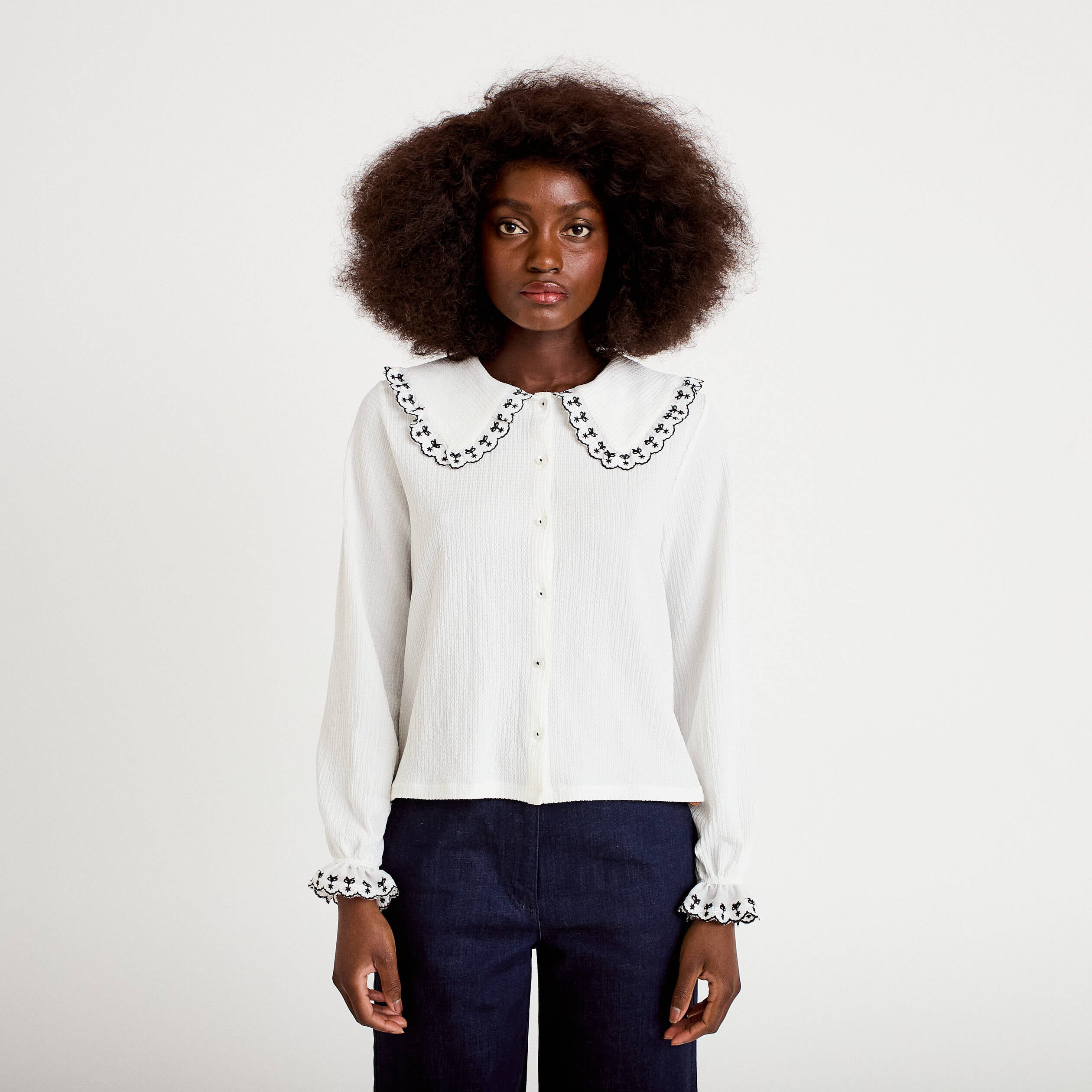 Blouse broderie manches longues ecru femme