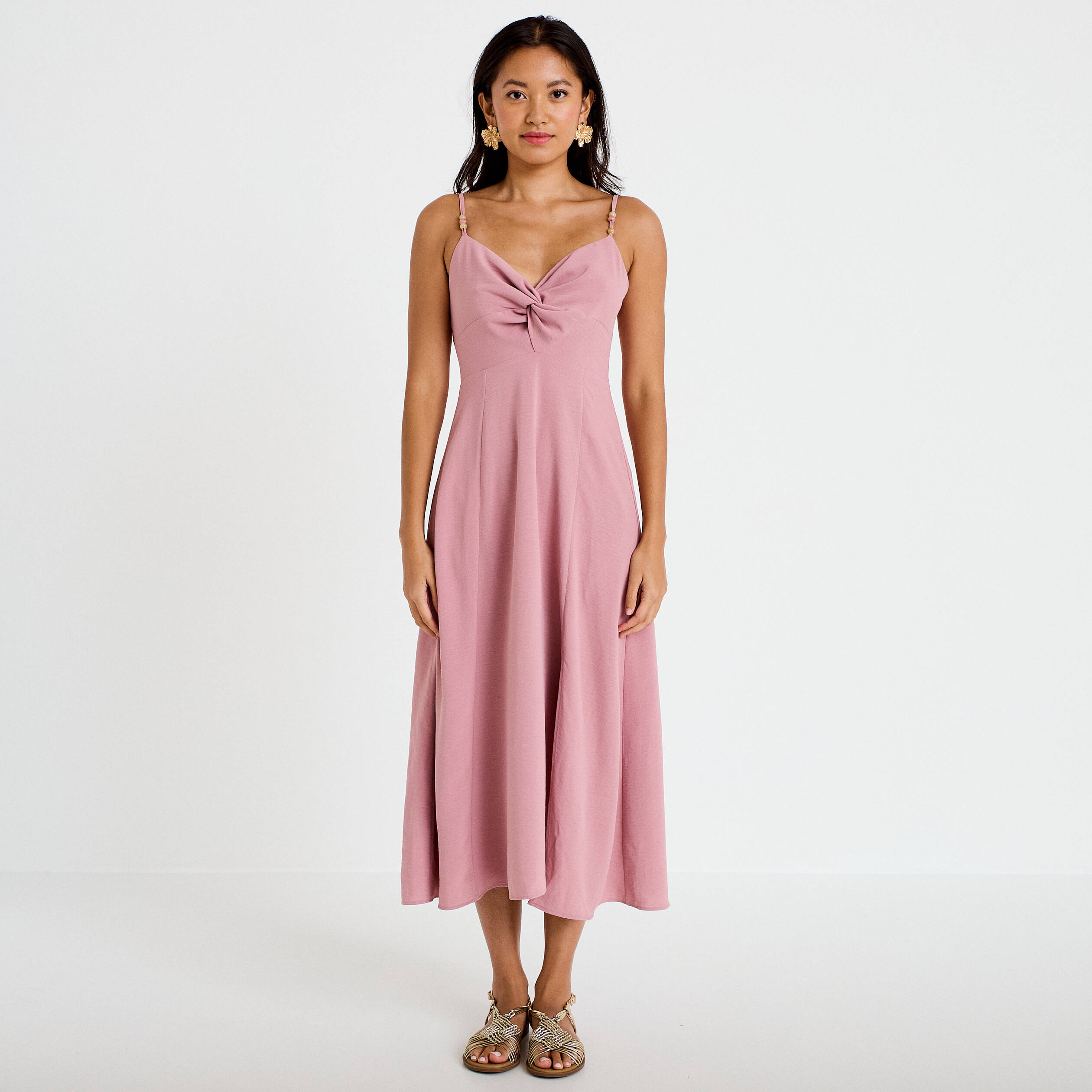 Robe longue &eacute;vas&eacute;e fendue vieux rose femme