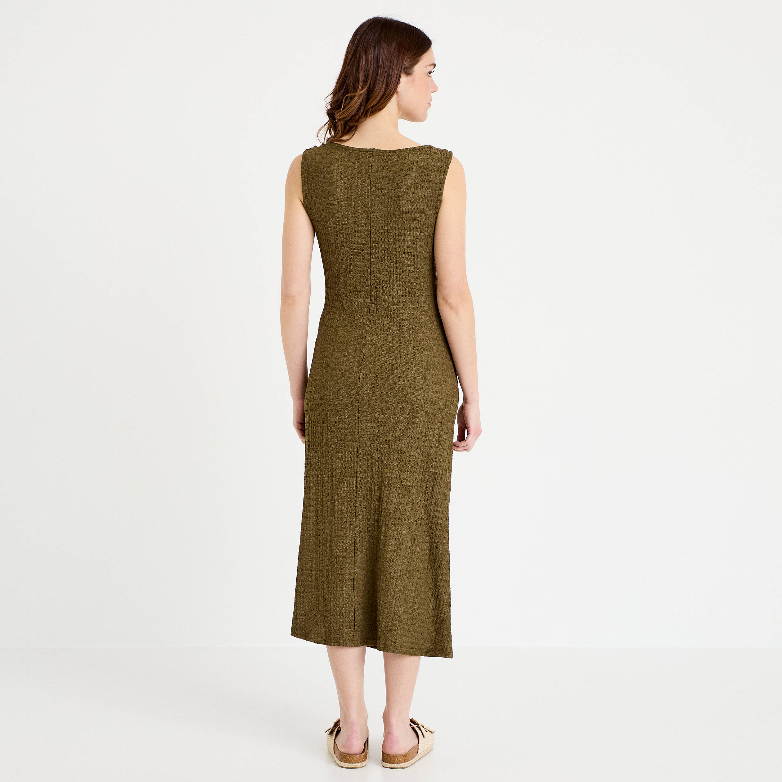 Robe midi droite sans manches en maille vert kaki femme