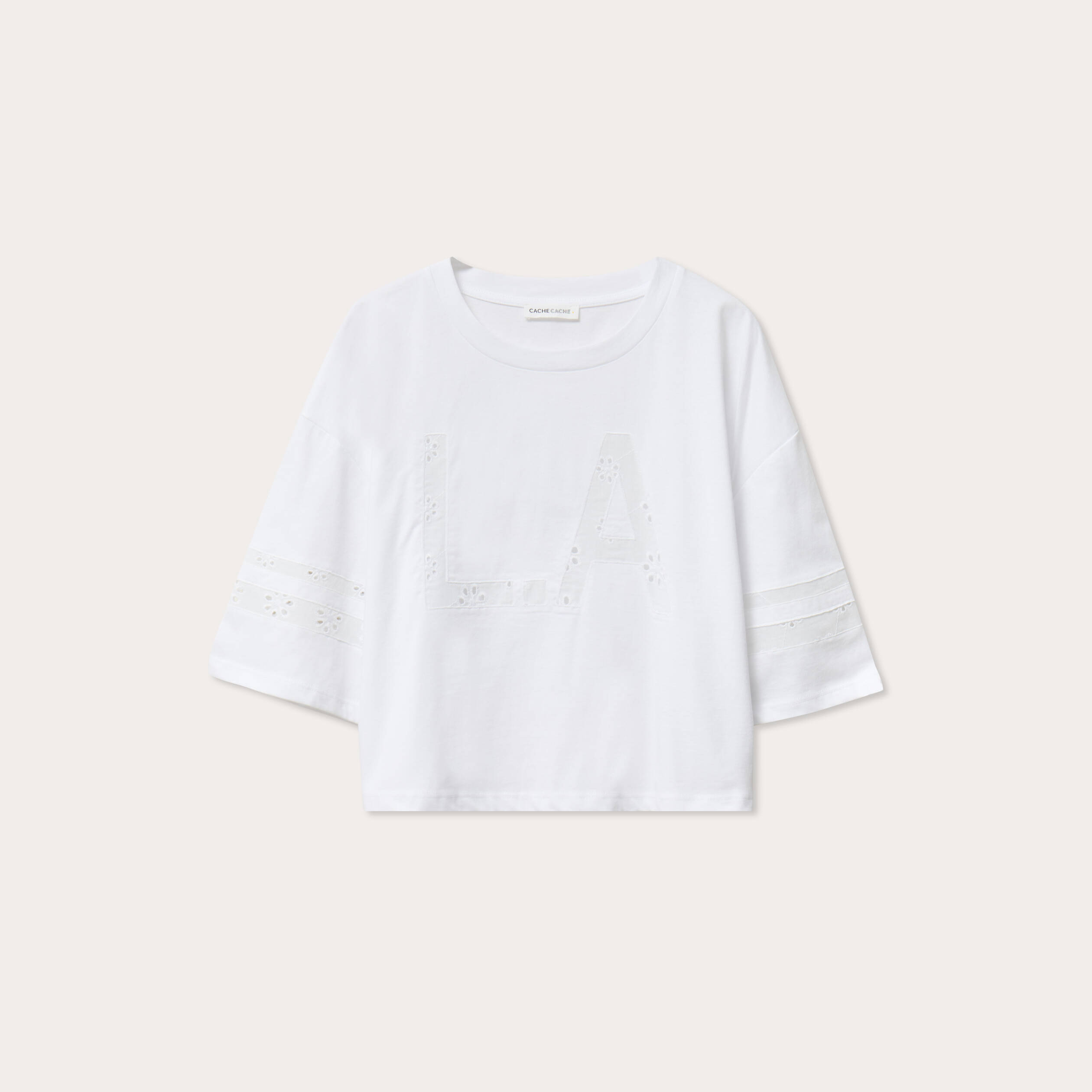 T-shirt cropped brod&eacute; blanc femme