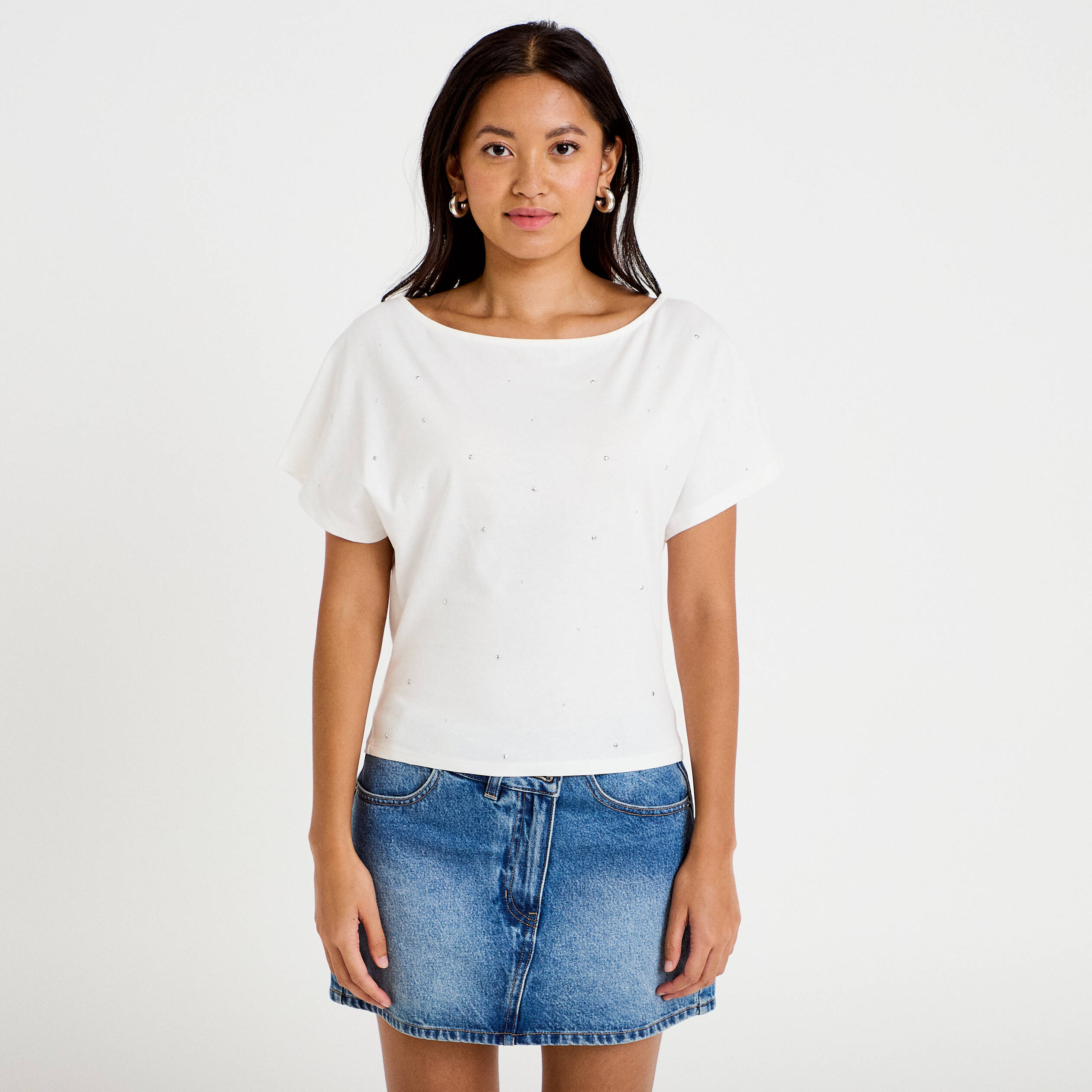 T-shirt col bateau manches courtes ecru femme