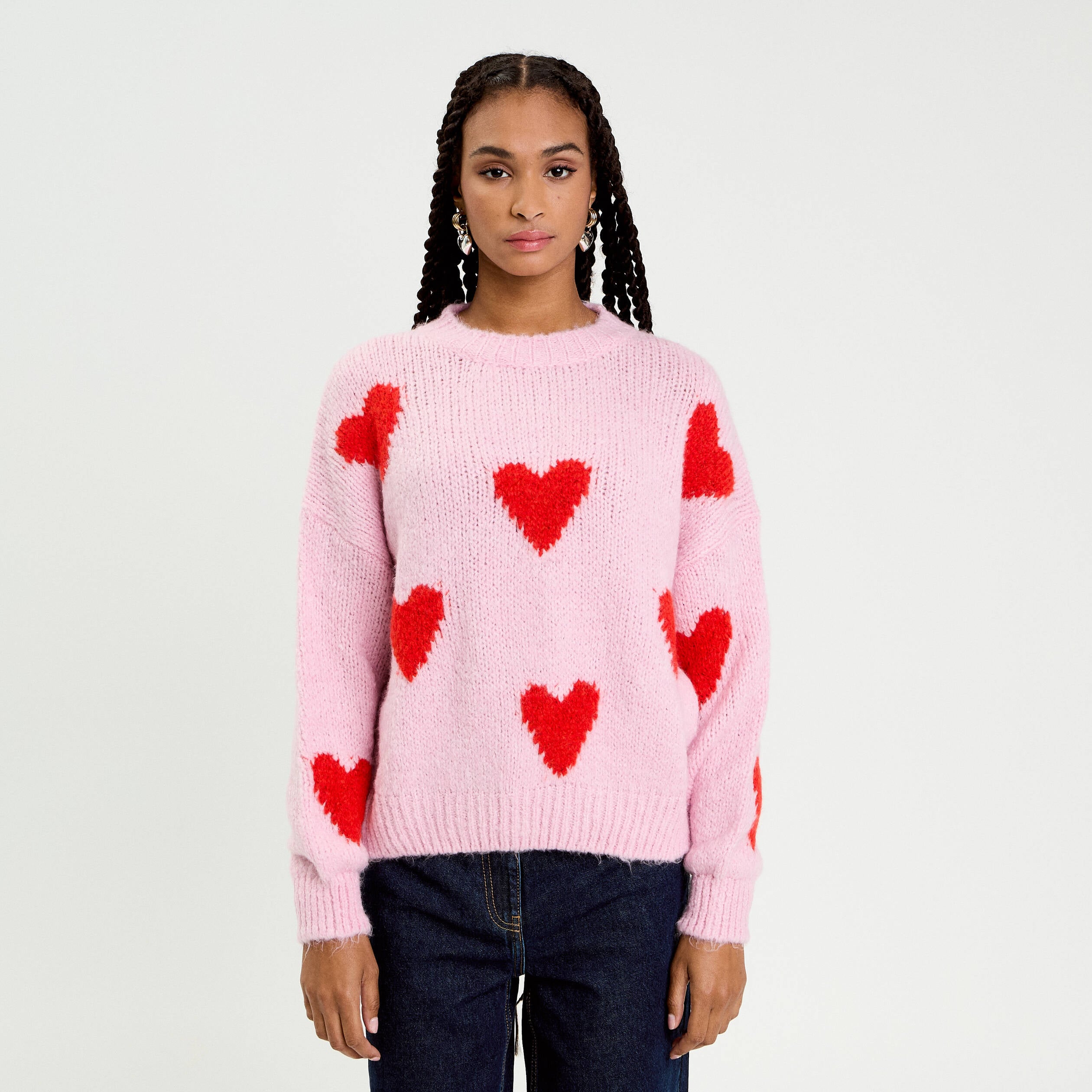 Pull oversize motif coeurs rose clair femme